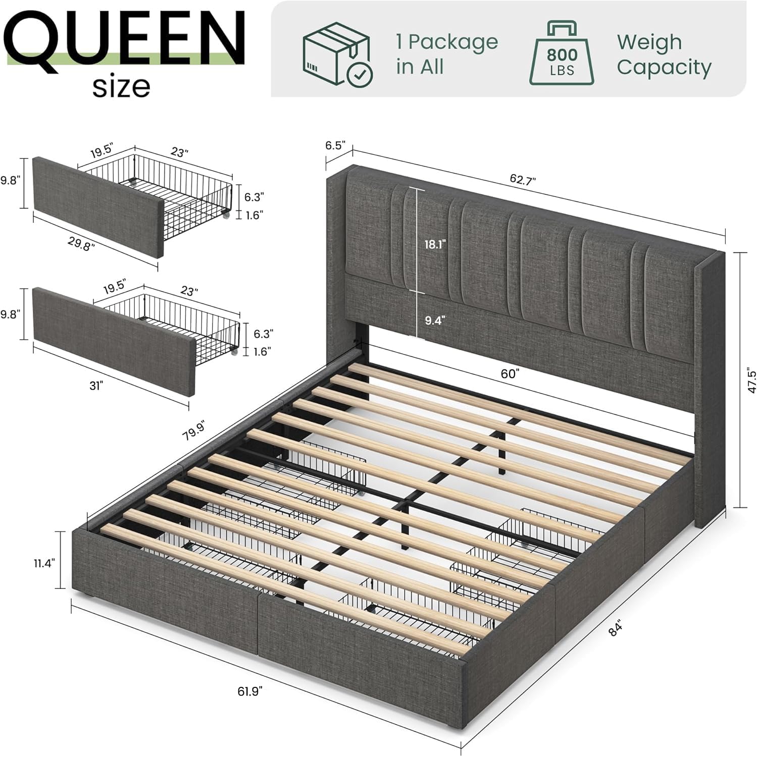 LARMACE Bed Frame Queen Size with Storage Drawers and Wingback Headboard, Linen Upholstered Platform Bed Frame with Wooden Slats, Easy Assembly, Light Grey
