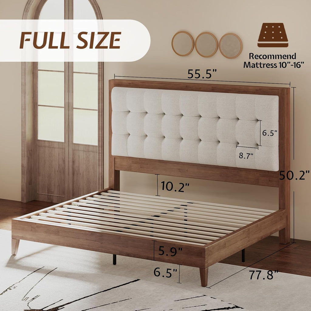 Jocisland Solid Wood Full Size Bed Frame 50.2' Tall Upholstered Headboard, Mid-Century Style, Stable Platform Support, No Box Spring Needed, Walnut