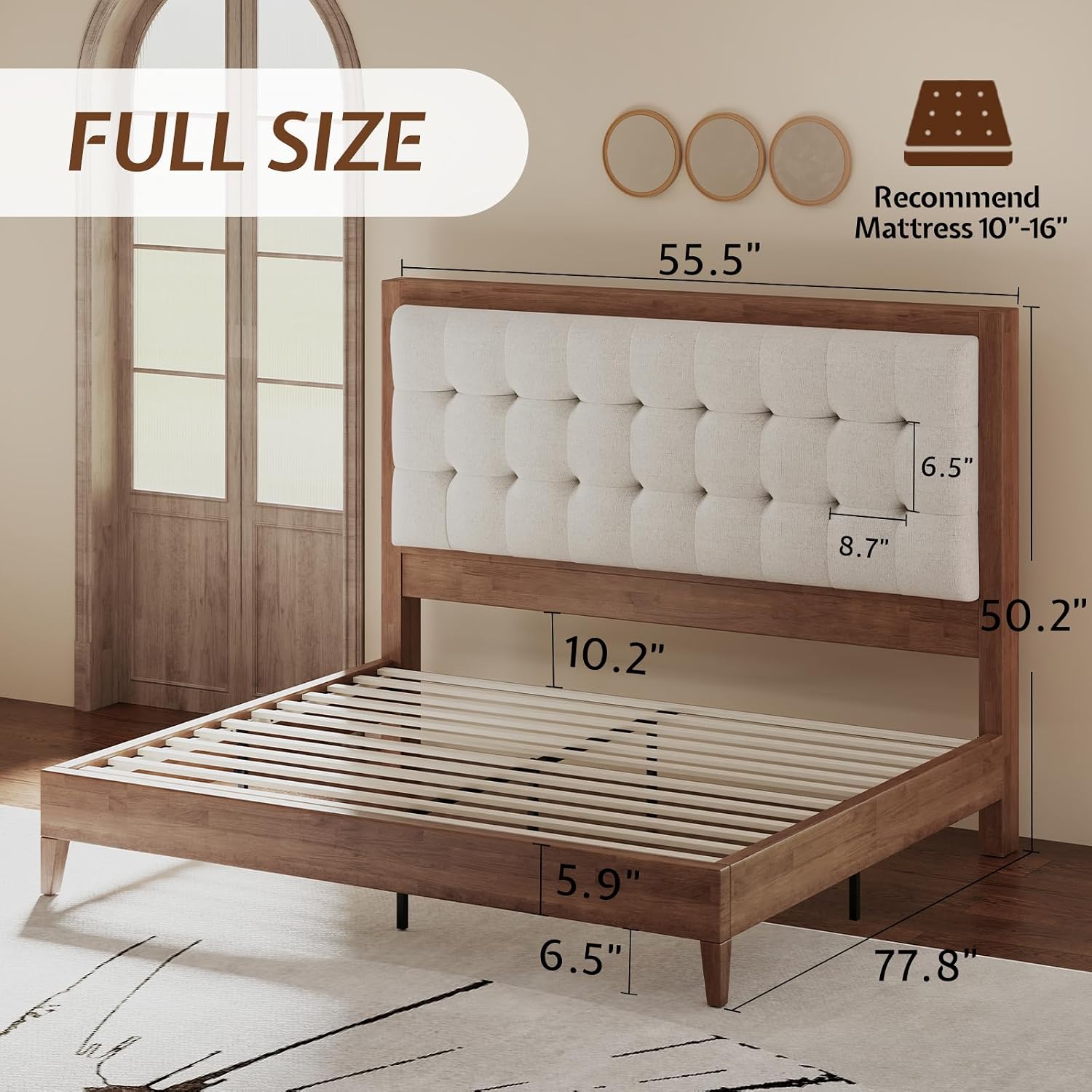 Jocisland Solid Wood Full Size Bed Frame 50.2' Tall Upholstered Headboard, Mid-Century Style, Stable Platform Support, No Box Spring Needed, Walnut