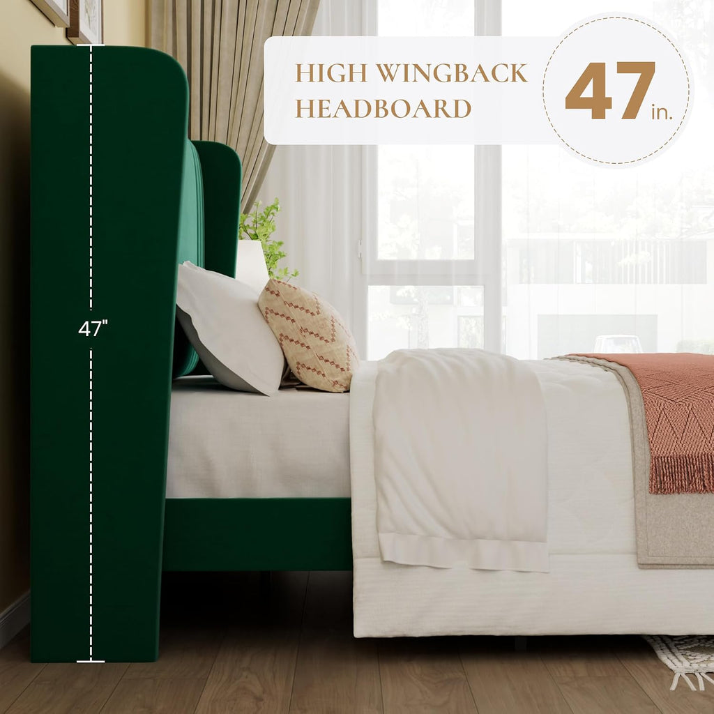 SHA CERLIN Queen Size Velvet Upholstered Platform Bed Frame with Vertical Channel Tufted Wingback Headboard, Wooden Slats Support, Easy Assembly, Under Bed Storage, No Box Spring Required, Green