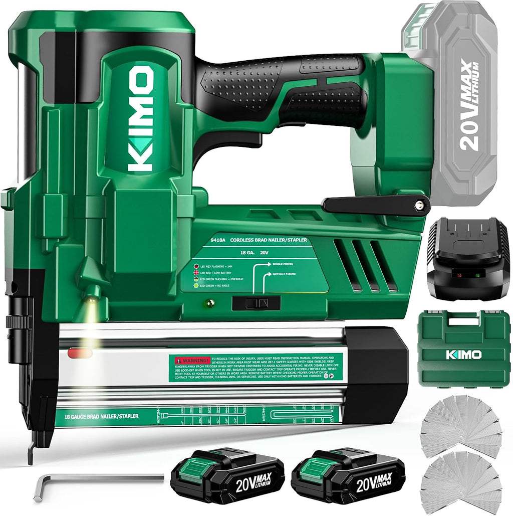 KIMO 2' Brad Nailer Cordless 18 Gauge w/ 20V Battery 2.0Ah X 2, 1000pcs Nails and Staples, 2 Firing Modes,180 Nails/min, Adjustable Nailing Depth, 2 in 1 Cordless Nail Gun and Stapler for DIY Project