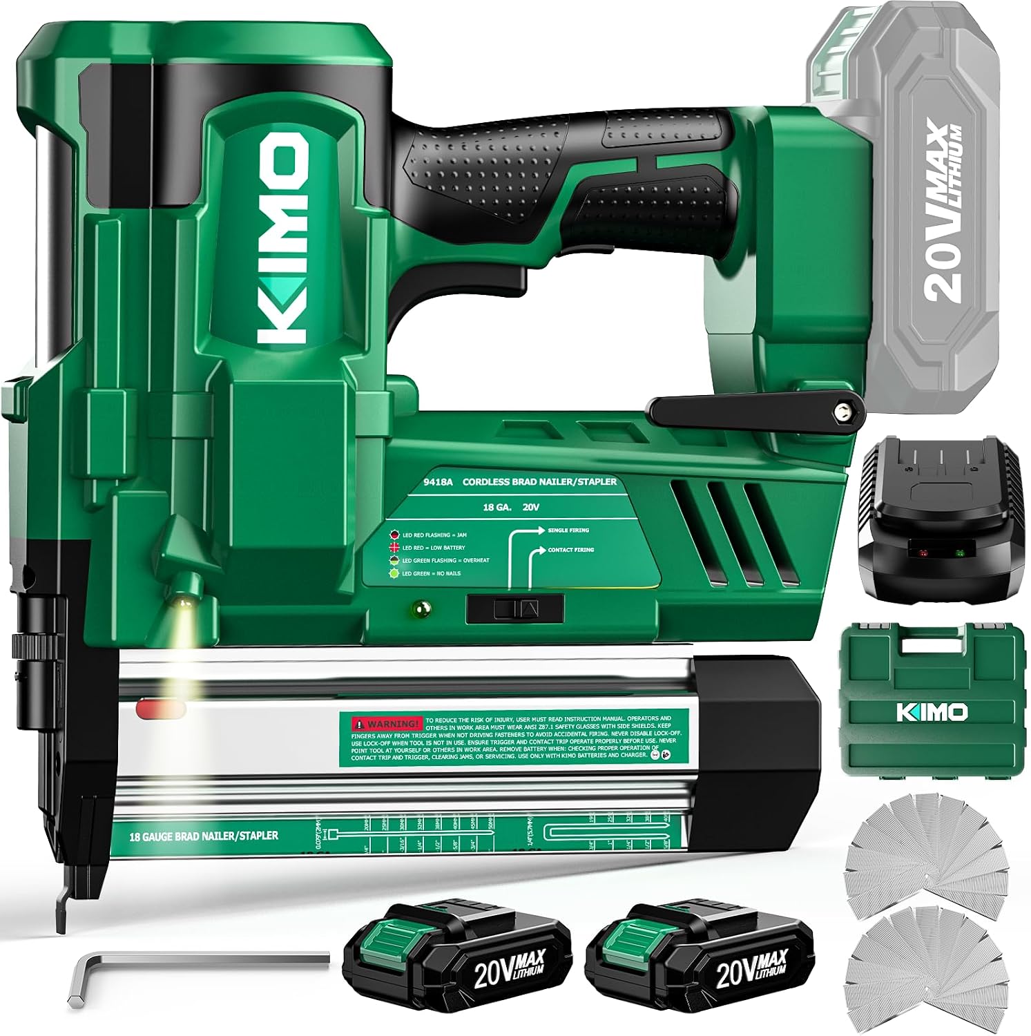 KIMO 2' Brad Nailer Cordless 18 Gauge w/ 20V Battery 2.0Ah X 2, 1000pcs Nails and Staples, 2 Firing Modes,180 Nails/min, Adjustable Nailing Depth, 2 in 1 Cordless Nail Gun and Stapler for DIY Project