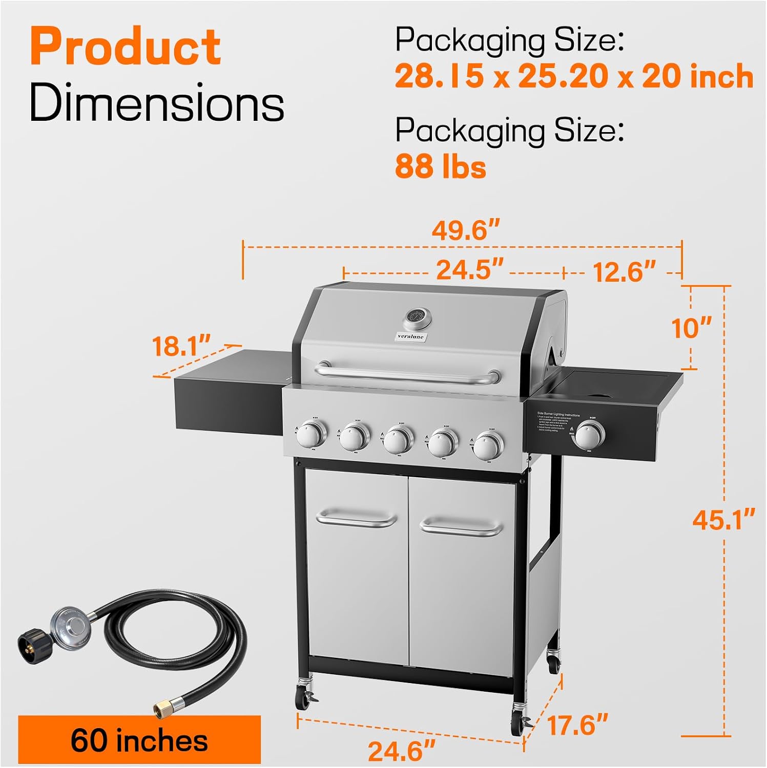 Veralune 5 Burner Propane Gas Grill with Side Burner, 5 Burner Outdoor Cooking Grill, BBQ Gas Grill, 68,000 BTU Heavy-Duty, Stainless Steel, Electronic Ignition System, Built-in Thermometer