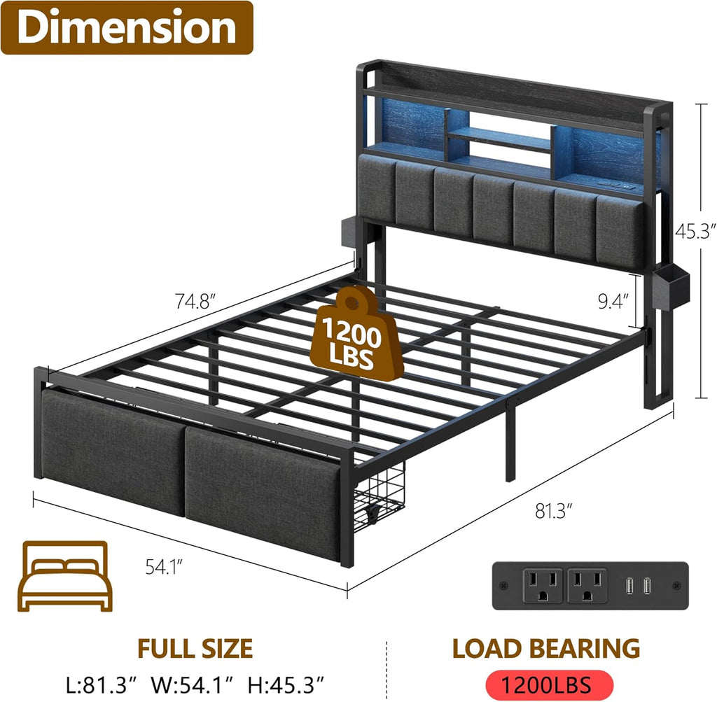 Furnulem Full Size Bed Frame with Upholstered Headboard, Bed Frame Full with Storage Drawers, Charging Station & LED Lights, Metal Platform No Box Spring Needed, Noise Free, Black (1200 lbs Capacity)