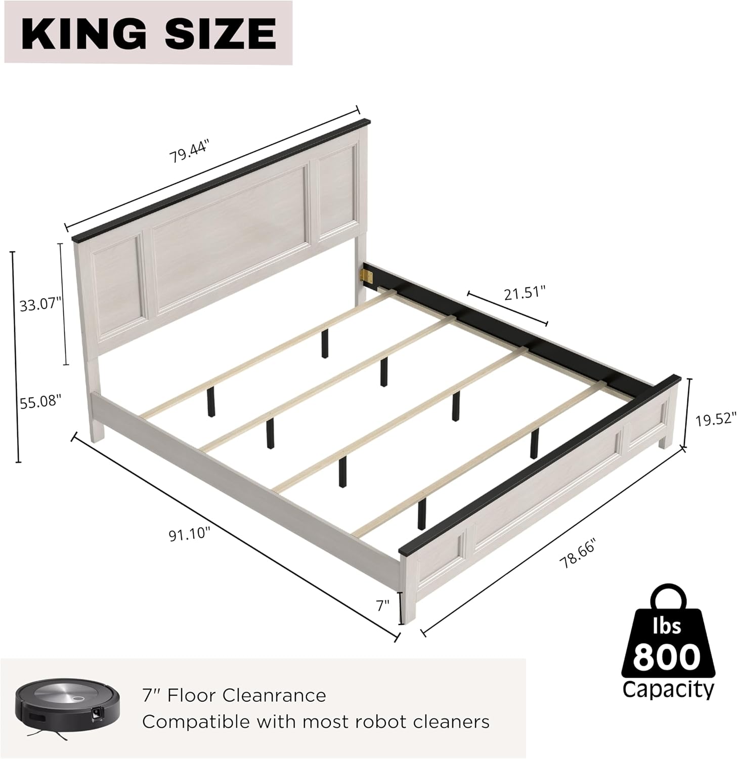 Roundhill Furniture Realynn 3-Piece Wood Bedroom Set, King Size Panel Bed with 2 Nightstands, Off-White Finish