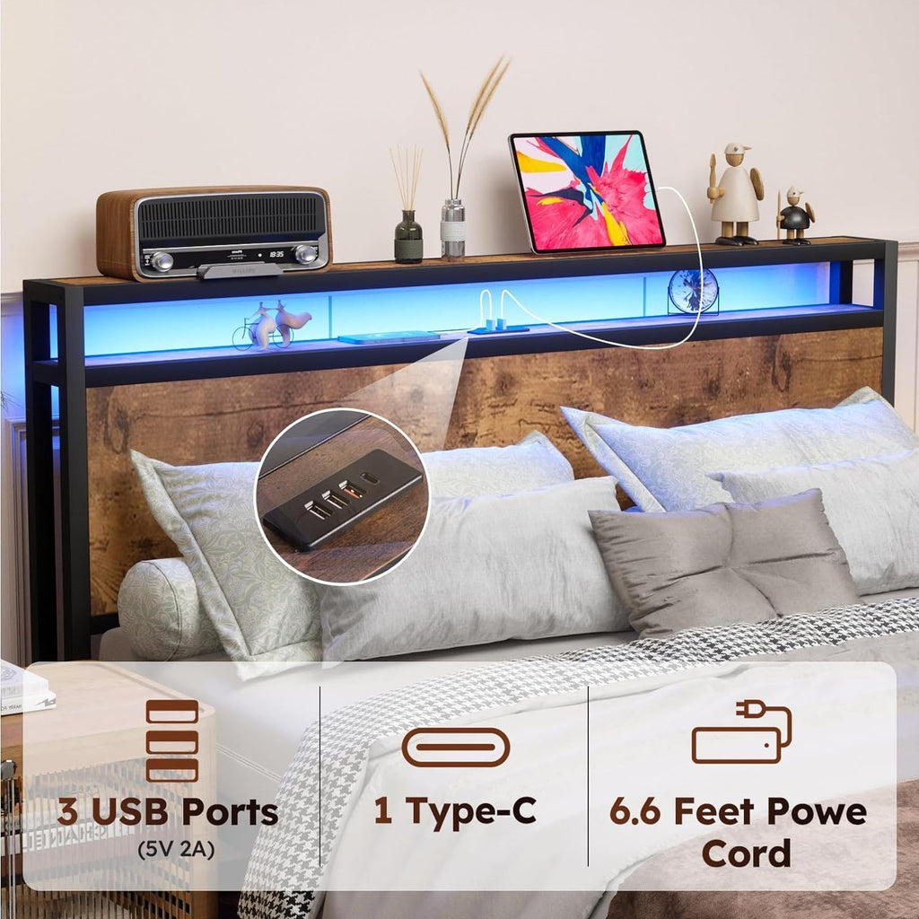 Kiivakii Queen Size Bed Frame, LED Storage Headboard with Charging Station, 2 Drawers Platform Bed Frames, Stable and Solid, No Box Spring Needed, Rustic Brown