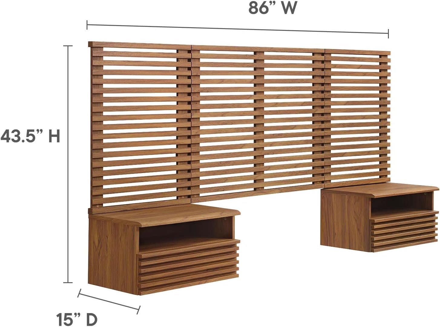 Modway Render Wall-Mount Headboard and Modern Nightstands Bedroom Set, Twin, Walnut