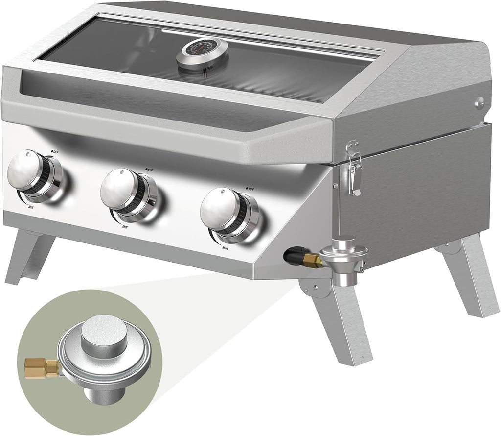 BESTFIRE Portable Propane Grill, 3-Burner Tabletop Gas Grill with 2-in-1 Connection for 1lb/20lb Tanks, 30,000 BTU Stainless Steel BBQ with Observation Window & Thermometer for Outdoor, Tailgating
