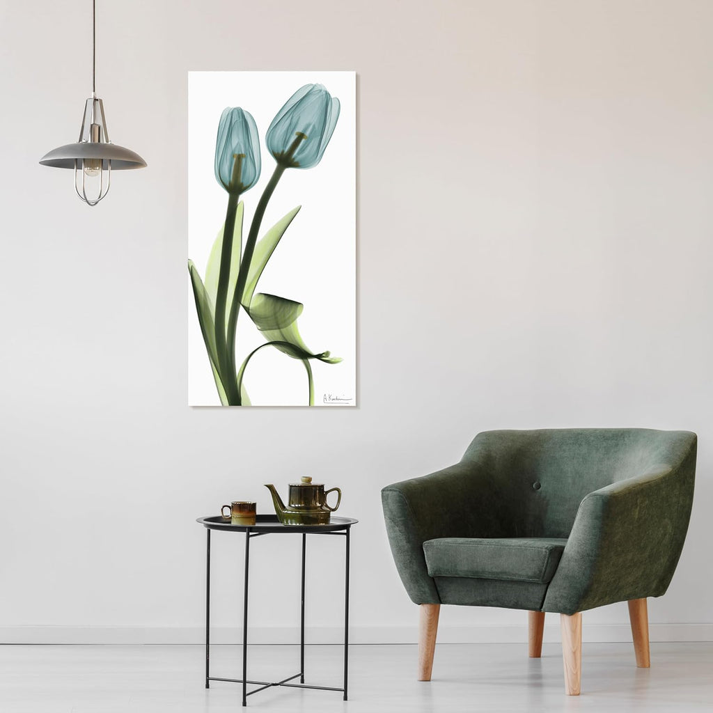 Empire Art Direct Blue Tulips Frameless Reverse Printed Tempered Glass Wall Art, X-ray Flower Wall Decor, Rectangular, Ready to Hang, Living Room, Bedroom, Home Office, 24' x 48' x 0.2'