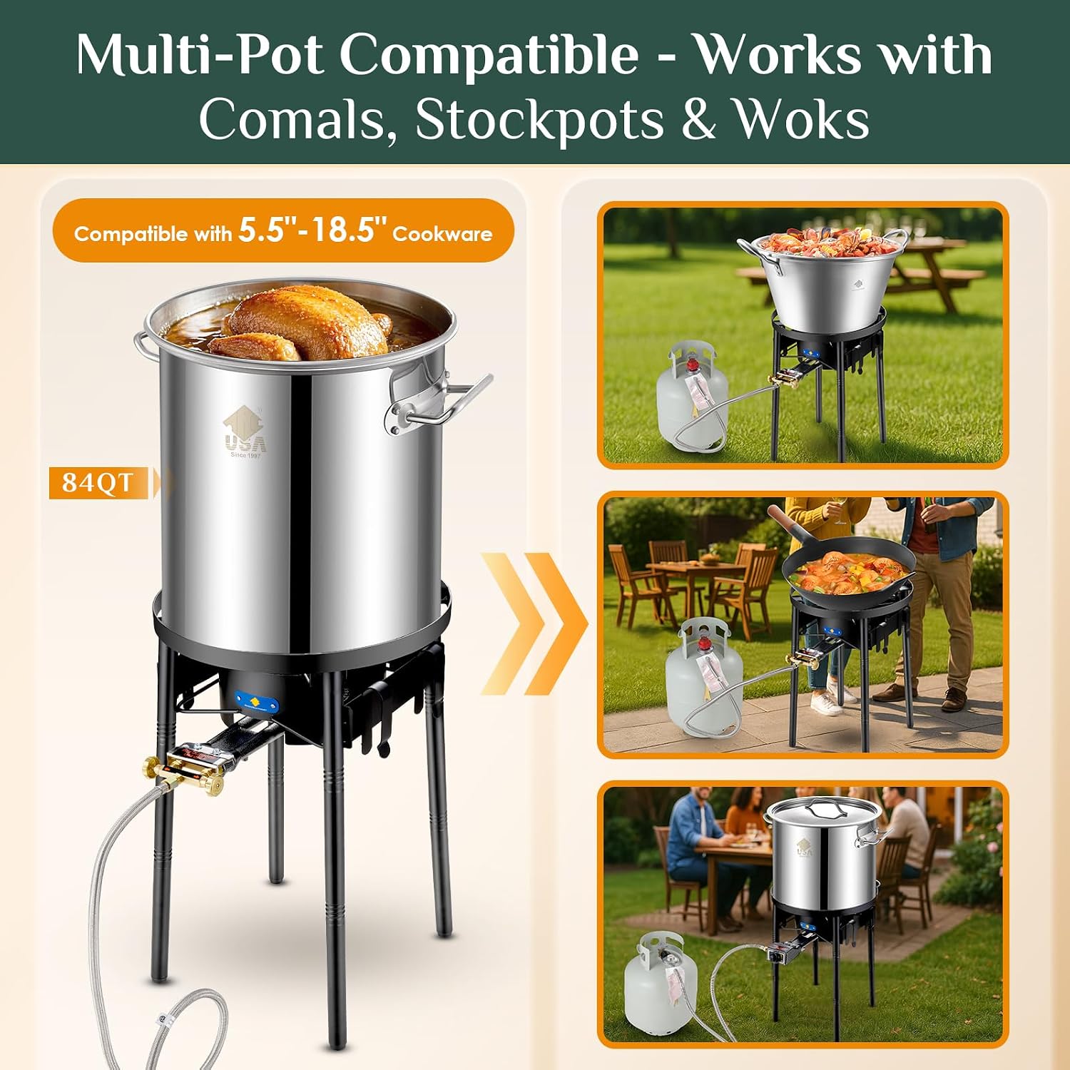 23' Concave Comal w/100,000BTU Propane Grill Burner Set, Discada disc Outdoor Cooker, Stainless Steel Griddle Fryer Cookware Set, Disco Para Cocinar, Tacos Stir Fry Wok, Paella Burner and Stand Set
