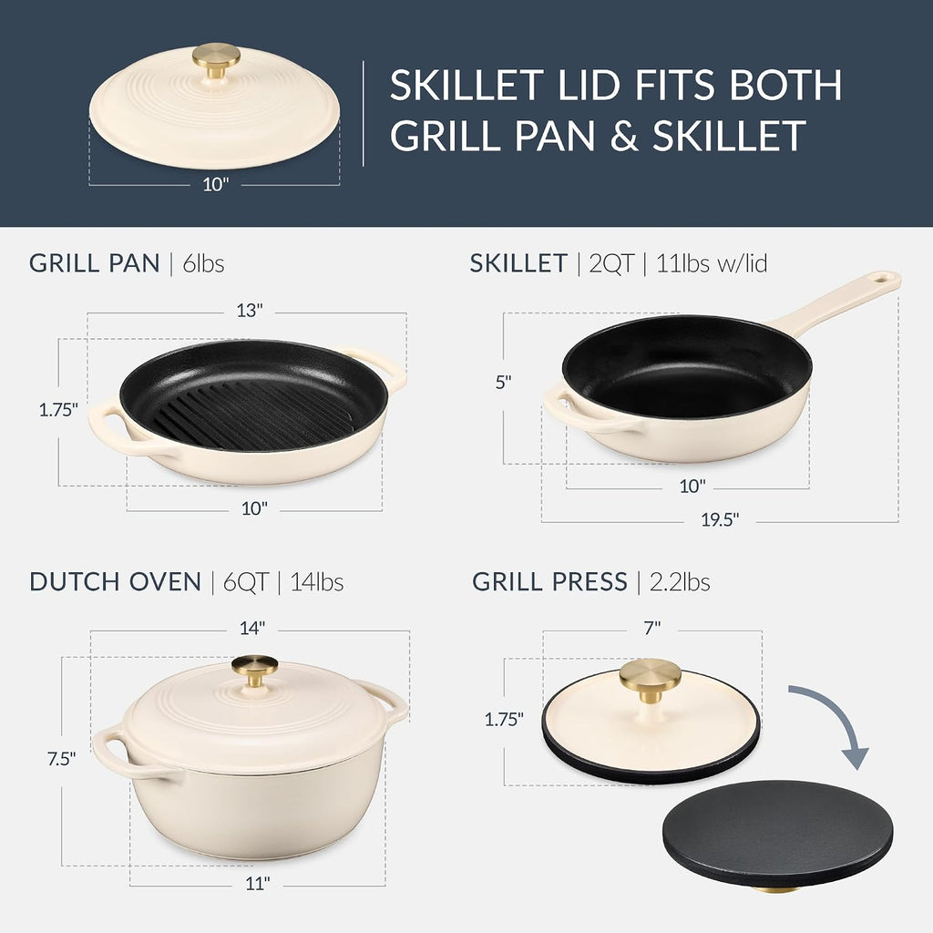 Best Choice Products Non-Stick Pot & Pan Cookware Set, Cast Iron, 2Qt Skillet W/Lid, 10' Grill Or Griddle Pan W/Press, 6Qt Enameled Dutch Oven, Non-toxic, For Cooking & Grilling - Vanilla