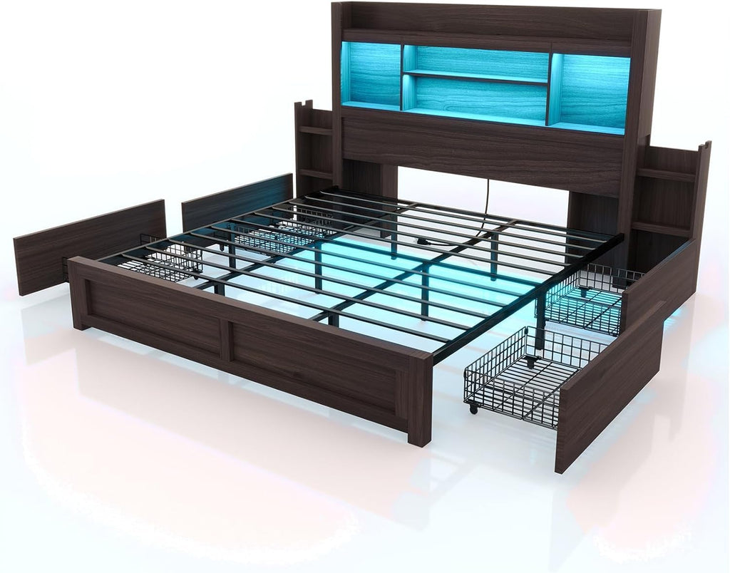 LUXOAK California King Bed Frame with 49.6' Bookcase Headboard & 2 Bedside Stoage Racks & 4 Drawers, Farmhouse Wood Bed Frame with RGB LED & Charging Station, No Box Spring Needed, Black