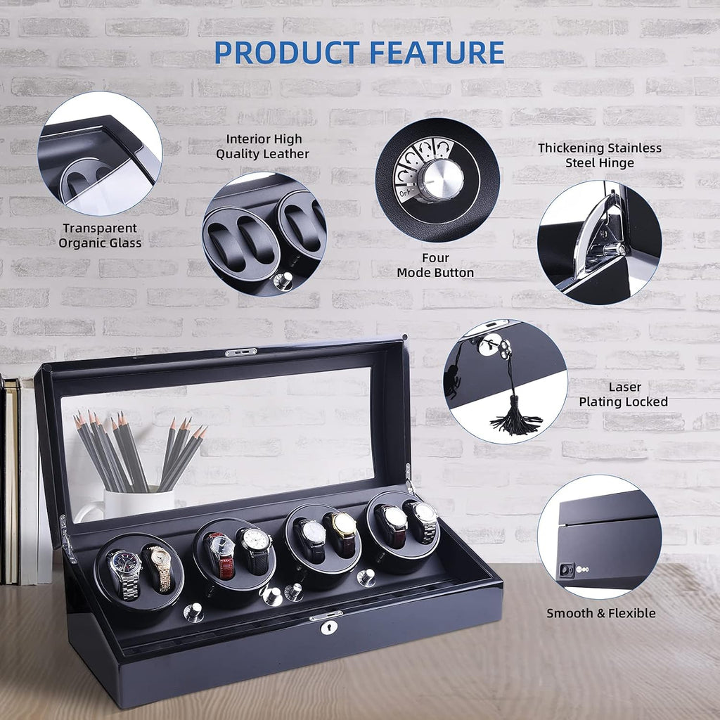 Luxury 4 Motor Quad Watch Winders for Automatic Watches, Safe & Wooden Display Box Case 8+9 Storage (Black)