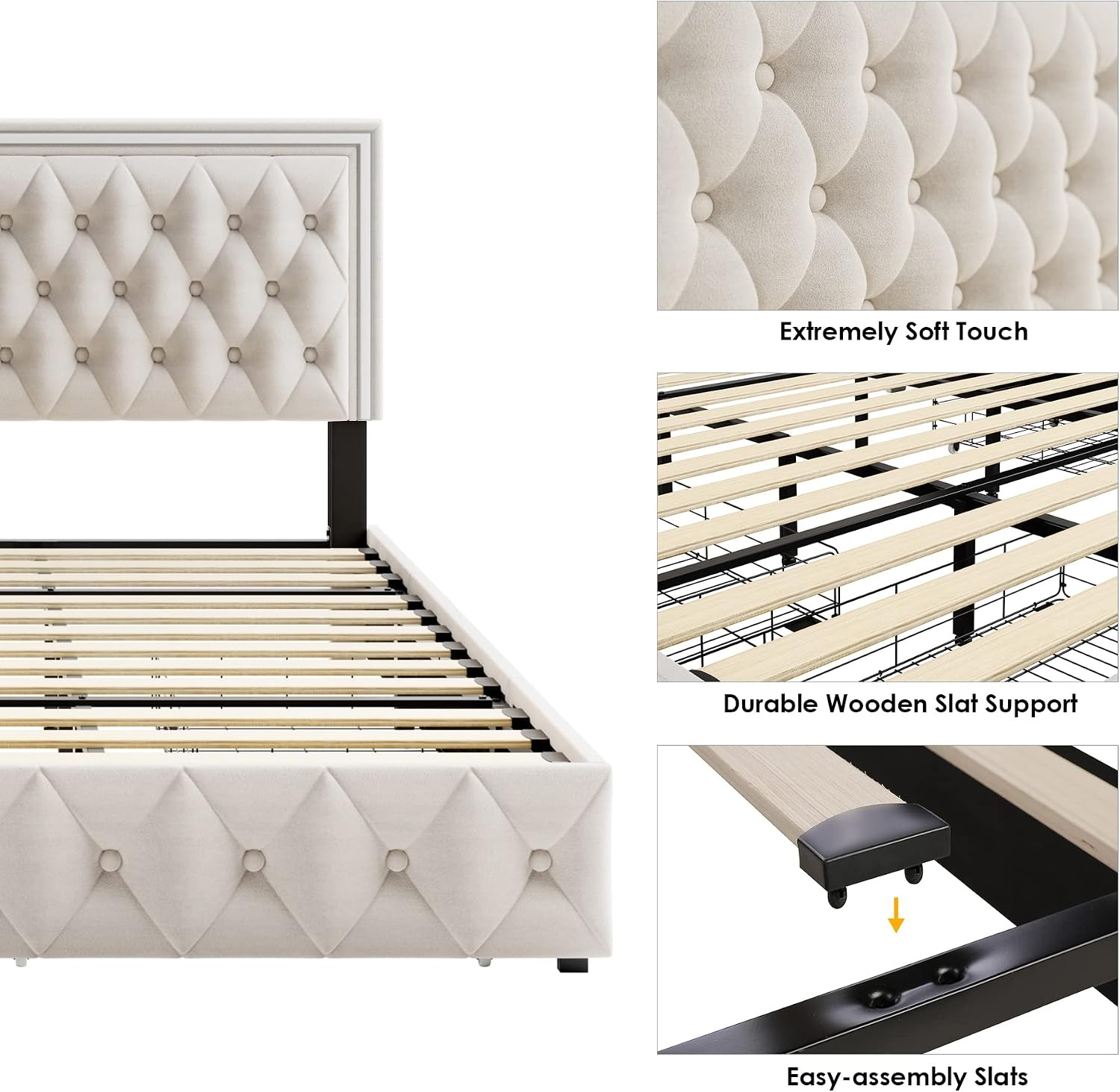 Keyluv Full Upholstered LED Bed Frame with 4 Drawers, Velvet Platform Storage Bed with Adjustable Button Tufted Headboard and Solid Wooden Slats Support, No Box Spring Needed, Beige