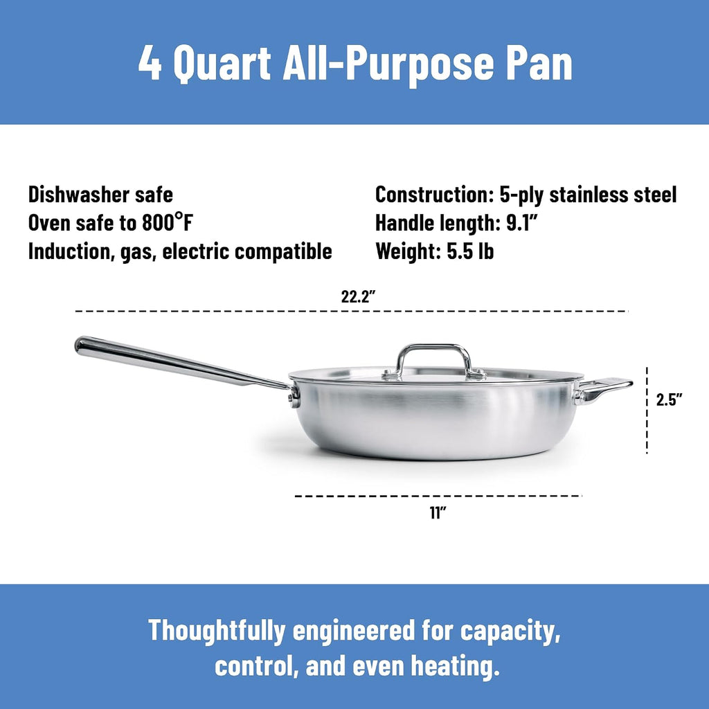 Misen Stainless Steel Pan - Versatile Everyday Pan - Even Heating, Dishwasher-Safe, Oven-Safe, Works on All Stovetops