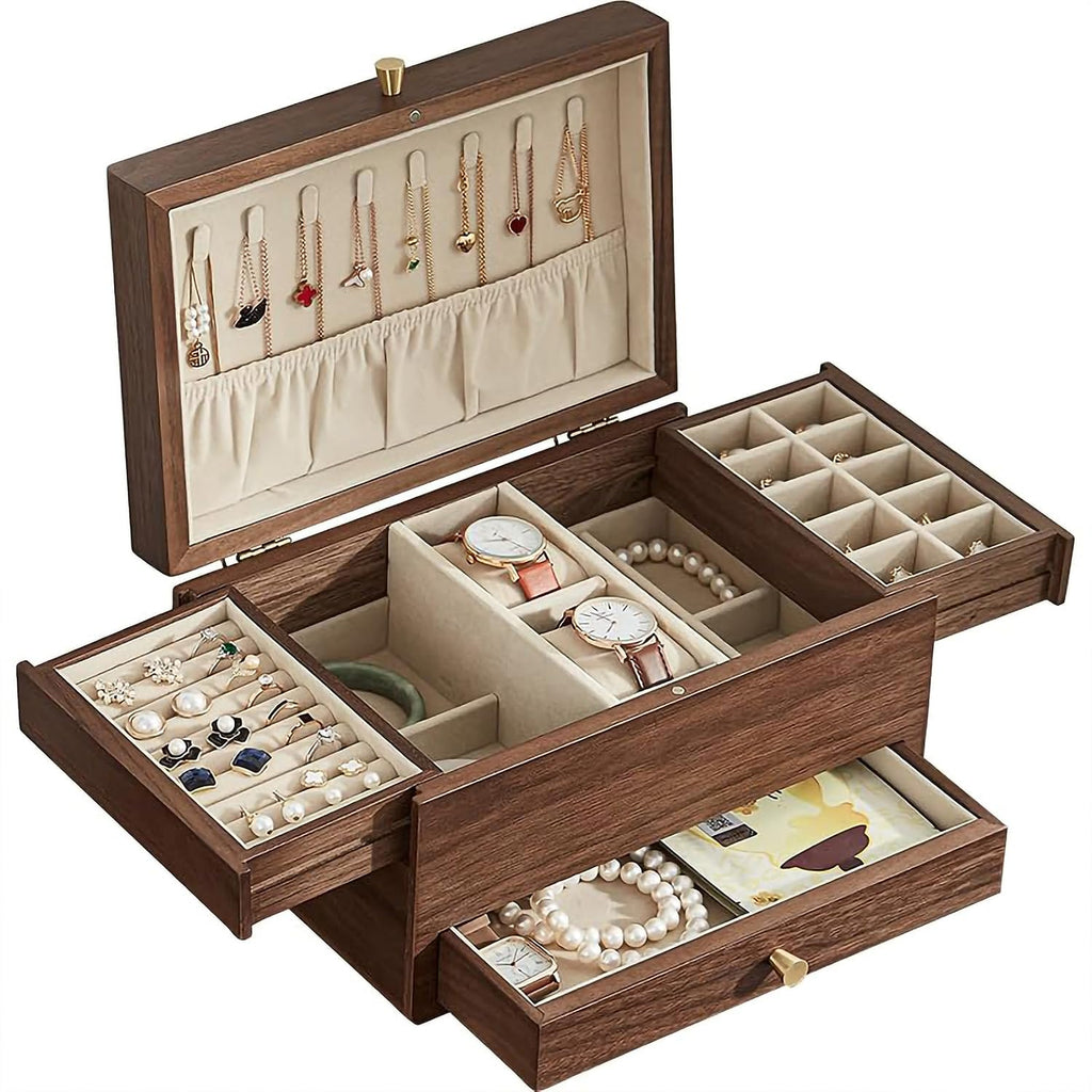 Wooden Jewelry Box for Women, 3 Level Multi-functional Drawers Black Walnut Jewelry Organizer Box, Watch, Necklace, Ring, Earring Storage - Mothers Day Gifts for Mom (No Mirror)