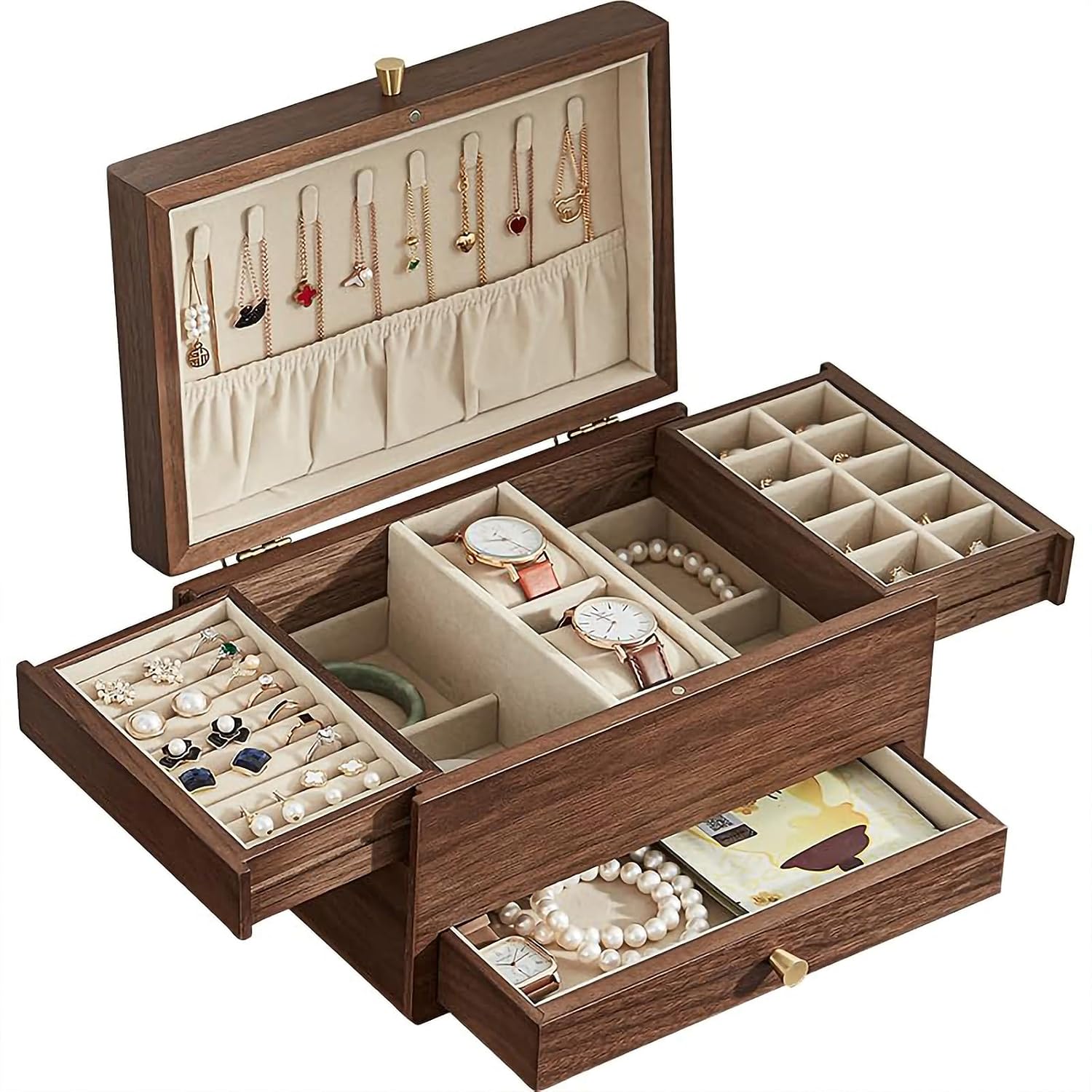 Wooden Jewelry Box for Women, 3 Level Multi-functional Drawers Black Walnut Jewelry Organizer Box, Watch, Necklace, Ring, Earring Storage - Mothers Day Gifts for Mom (No Mirror)