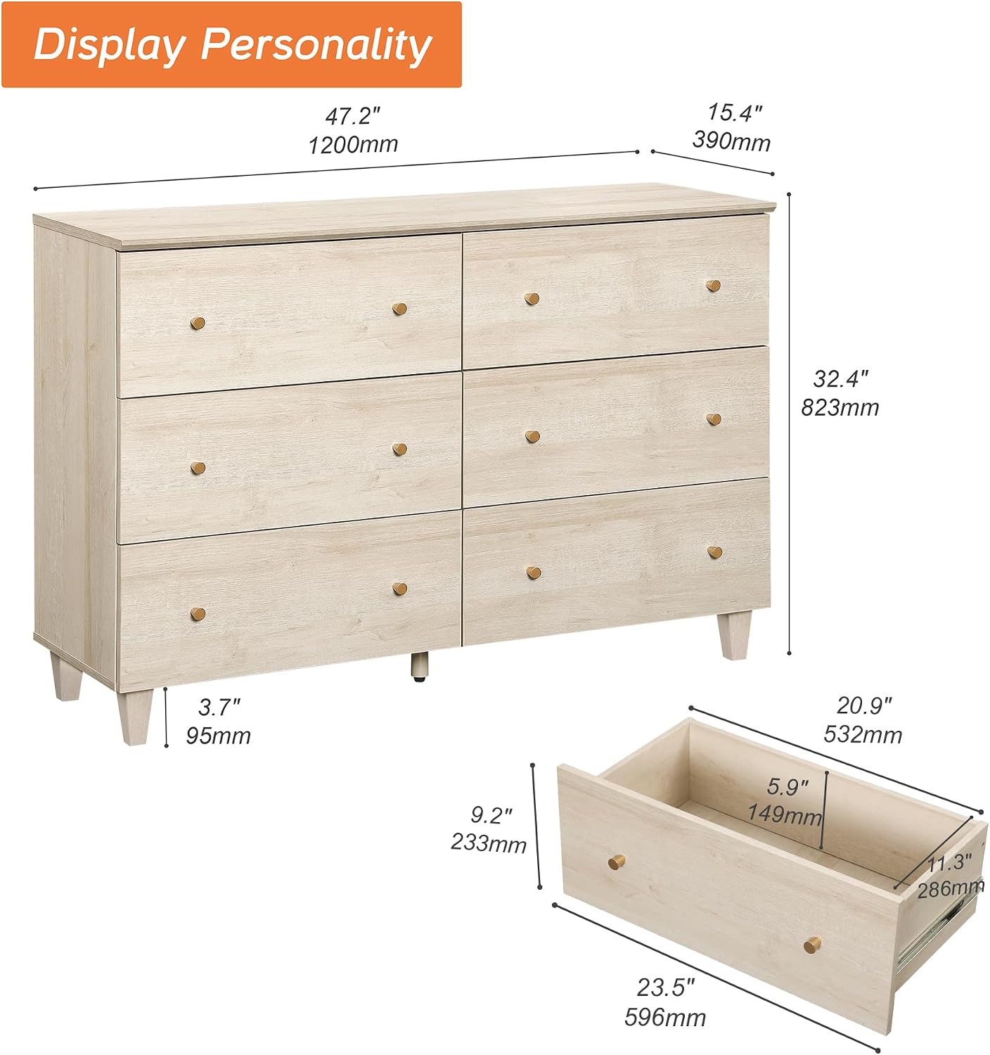 WAMPAT Dresser and Nightstands 3 Pieces, 47.2 Inches Wood Dresser with 6 Drawers, Set of 2 Night Stands with Drawers and Charging Stations, Bedroom Chest of Drawers and Bedside Tables Set, Light Oak