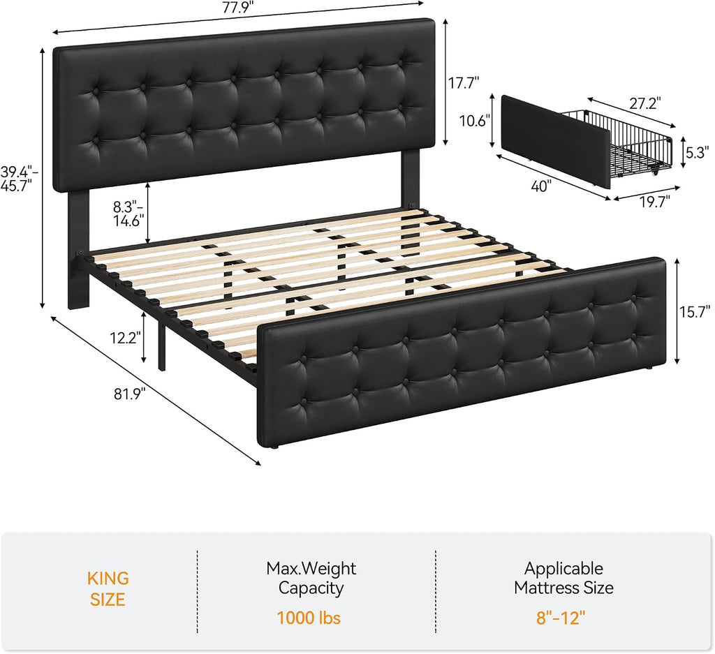 IDEALHOUSE King Size Bed Frame with 4 Storage Drawers and Headboard, Faux Leather Upholstered Platform Bed Frame with Wooden Slats Support, Button Tufted Design, No Box Spring Needed, Black