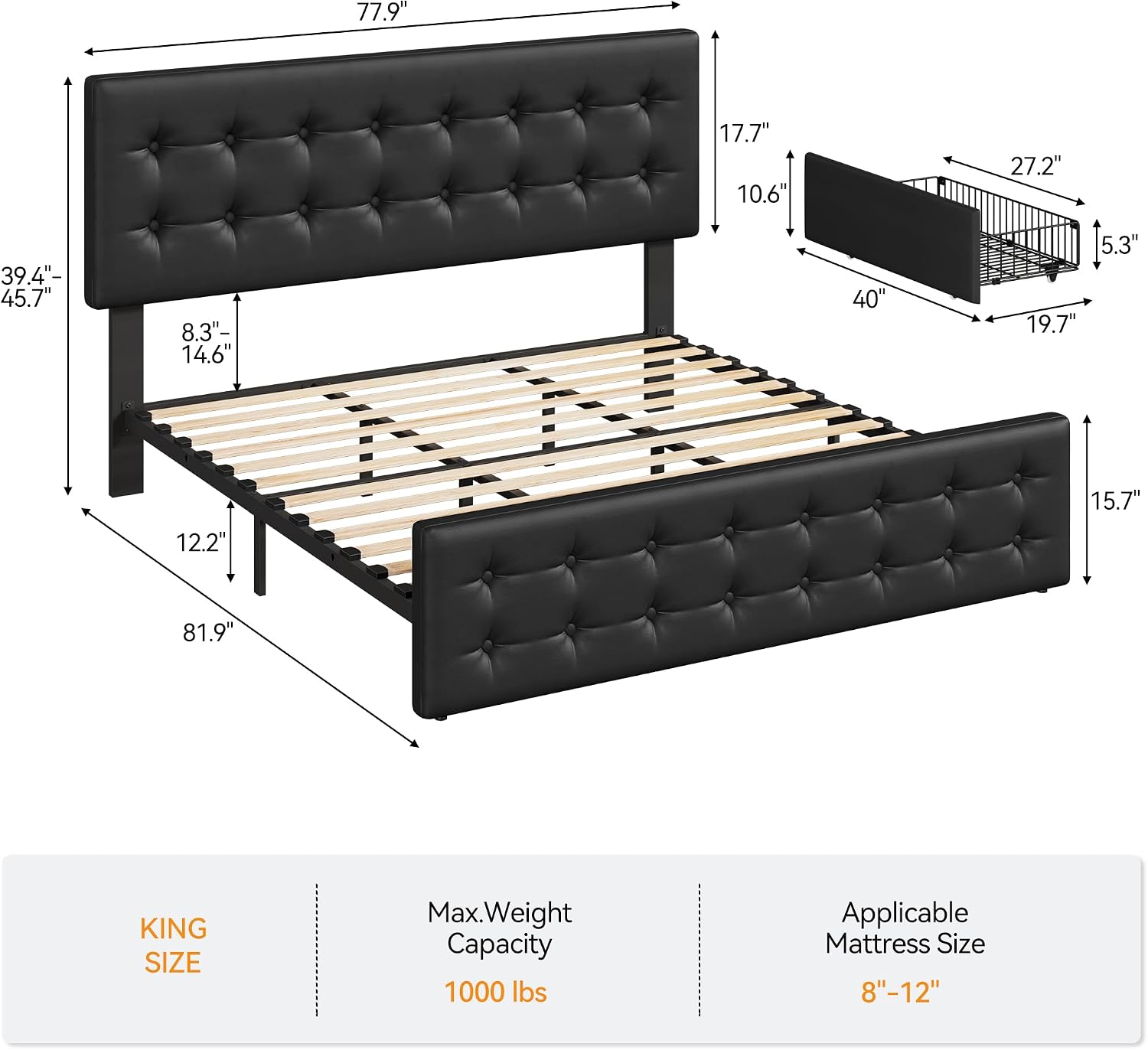 IDEALHOUSE King Size Bed Frame with 4 Storage Drawers and Headboard, Faux Leather Upholstered Platform Bed Frame with Wooden Slats Support, Button Tufted Design, No Box Spring Needed, Black