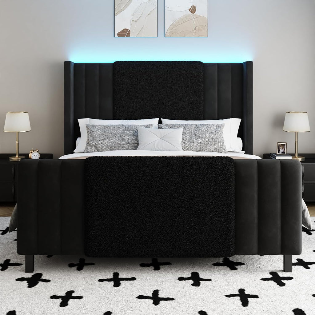 Lihimte Queen Size Bed Frame with Tall Headboard and Footboard, Boucle and Velvet Upholstered Bed Frame Queen with LED Lights, Modern Platform Bed Frames, Noiseless, Easy Assembly, Black