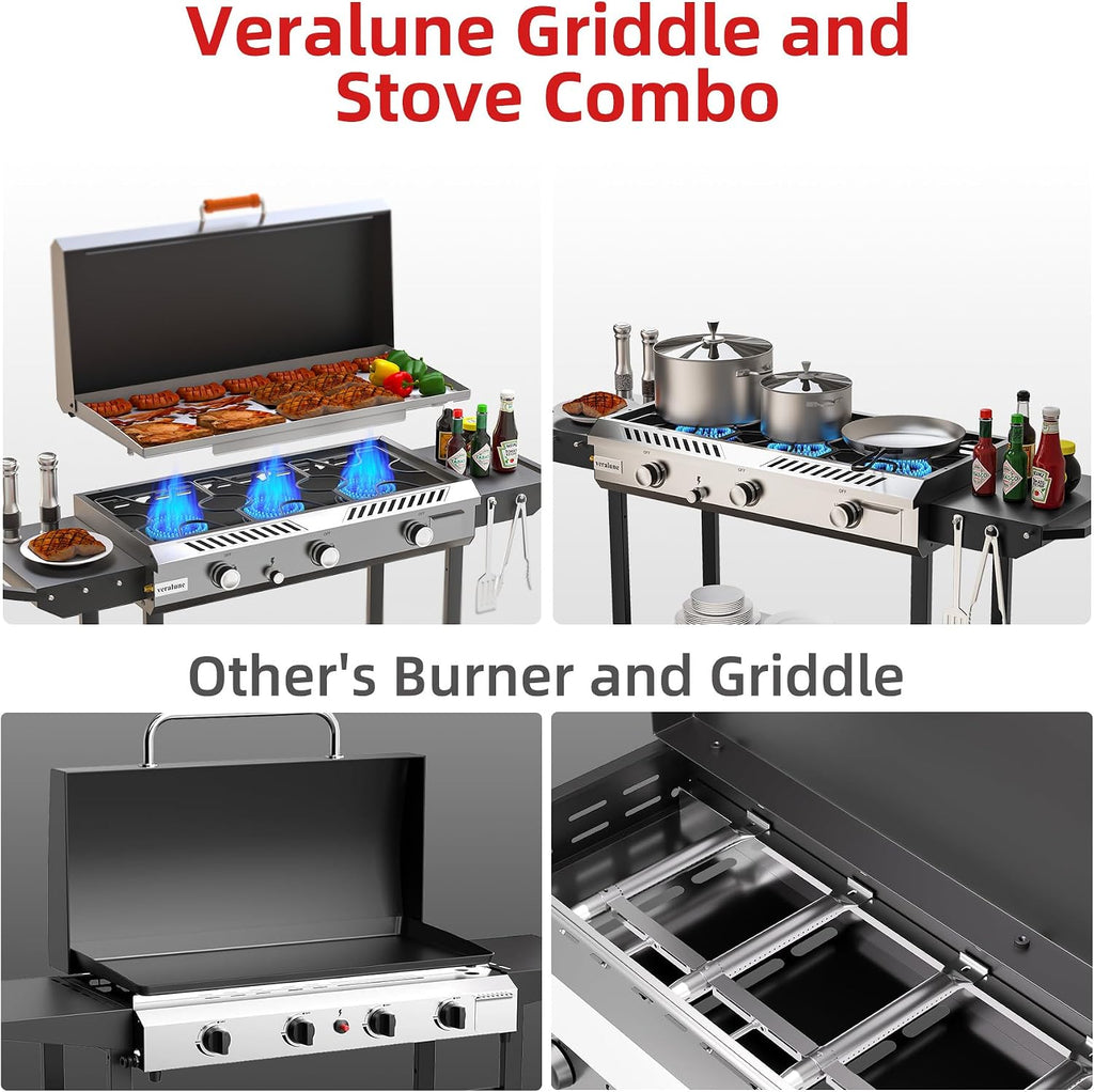 Veralune 2 in 1 Flat Top Gas Grill with Lid, Propane Gas Griddle, Outdoor Griddle Grill, Folding Side Shelves, Push-Button Ignition, Large Cooking Area