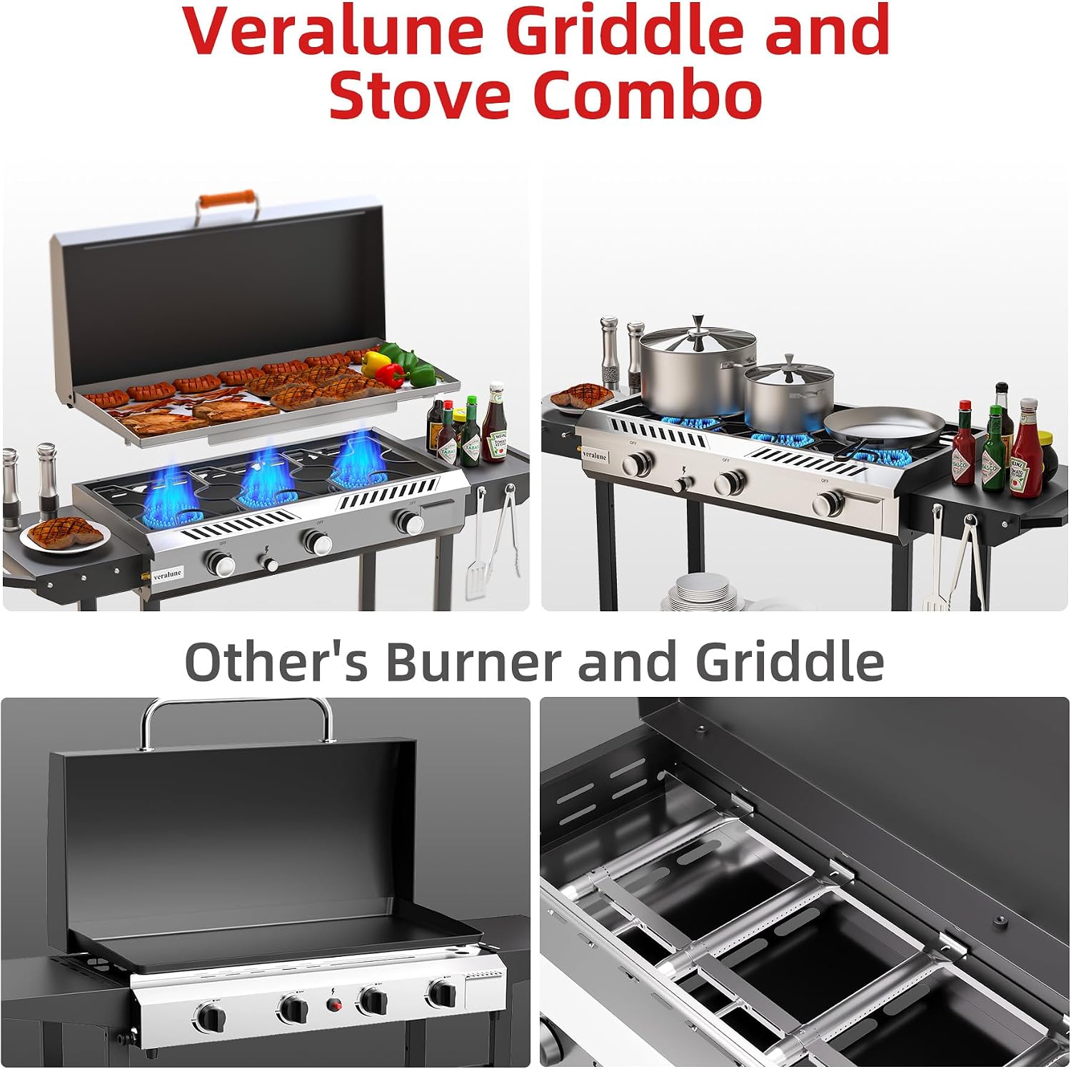 Veralune 2 in 1 Flat Top Gas Grill with Lid, Propane Gas Griddle, Outdoor Griddle Grill, Folding Side Shelves, Push-Button Ignition, Large Cooking Area