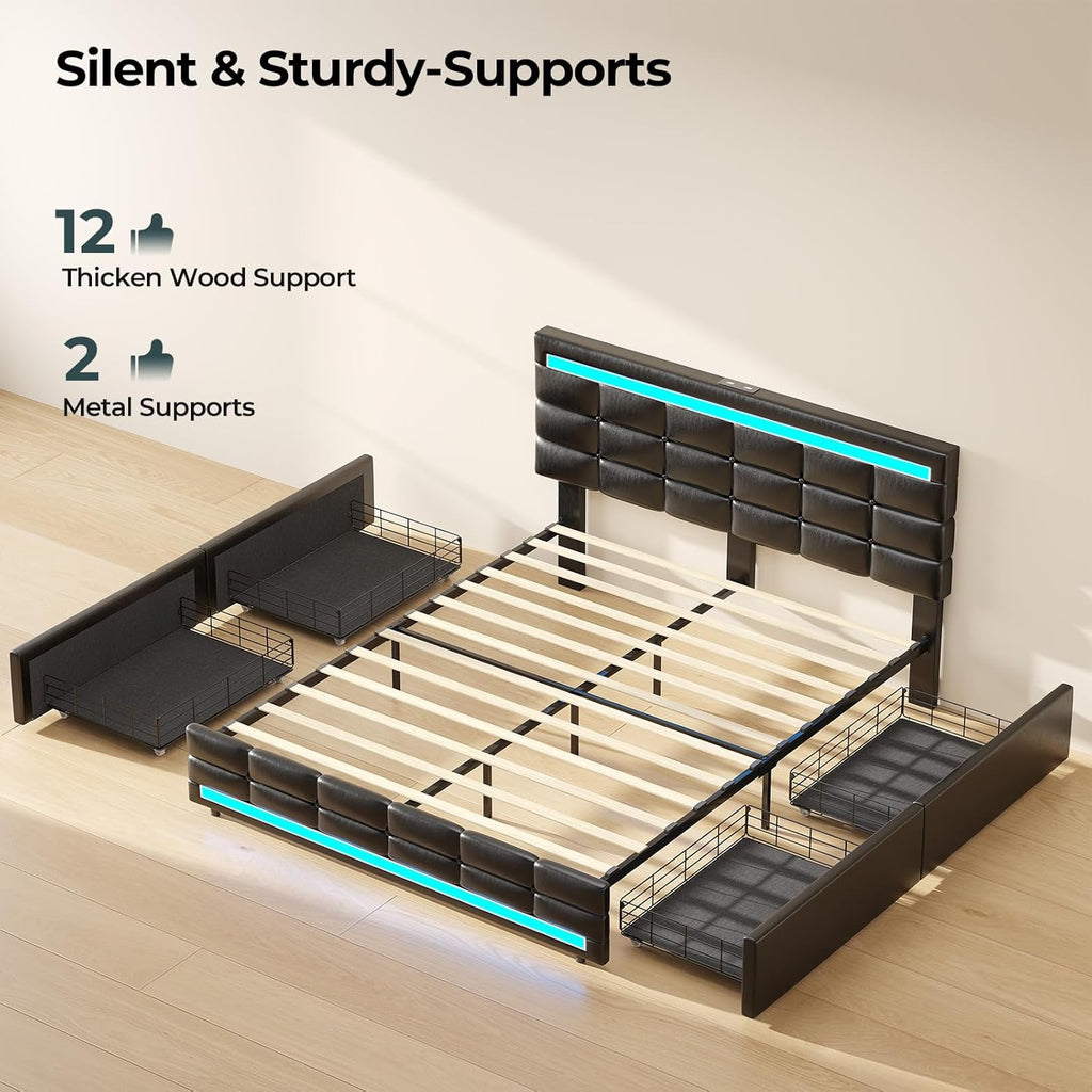 ADORNEVE Queen Bed Frame with 4 Storage Drawers, Upholstered Headboard with Charging Station & LED Lights, Metal and Wood Platform Bed, No Box Spring Needed, Easy Assembly, Black