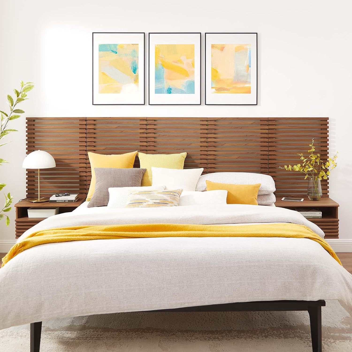 Modway Render Wall-Mount Headboard and Modern Nightstands Bedroom Set, Queen, Walnut