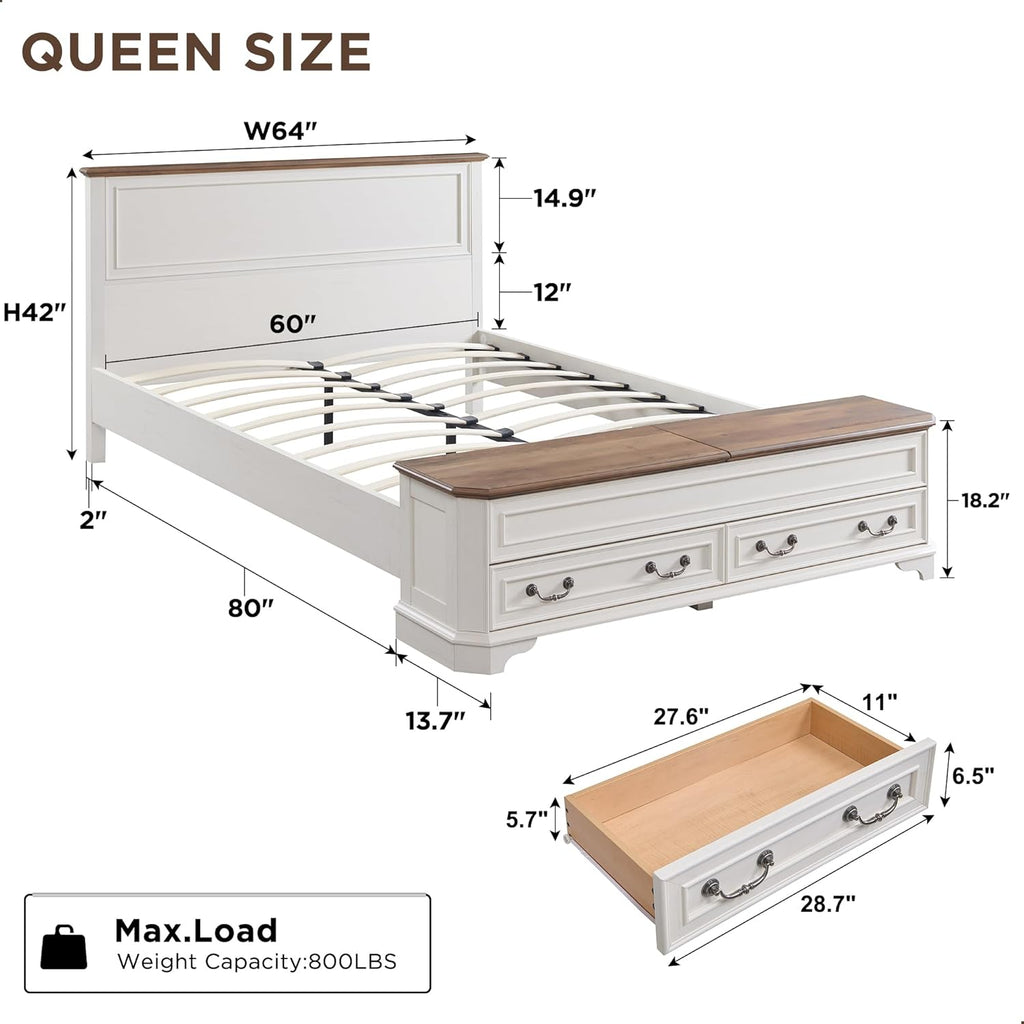 T4TREAM Farmhouse Queen Bed with Headboard and Storage Bench, Rustic Wood Platform Bed with 64' Storage Chest w/ 4 Large Drawer (Antique White)