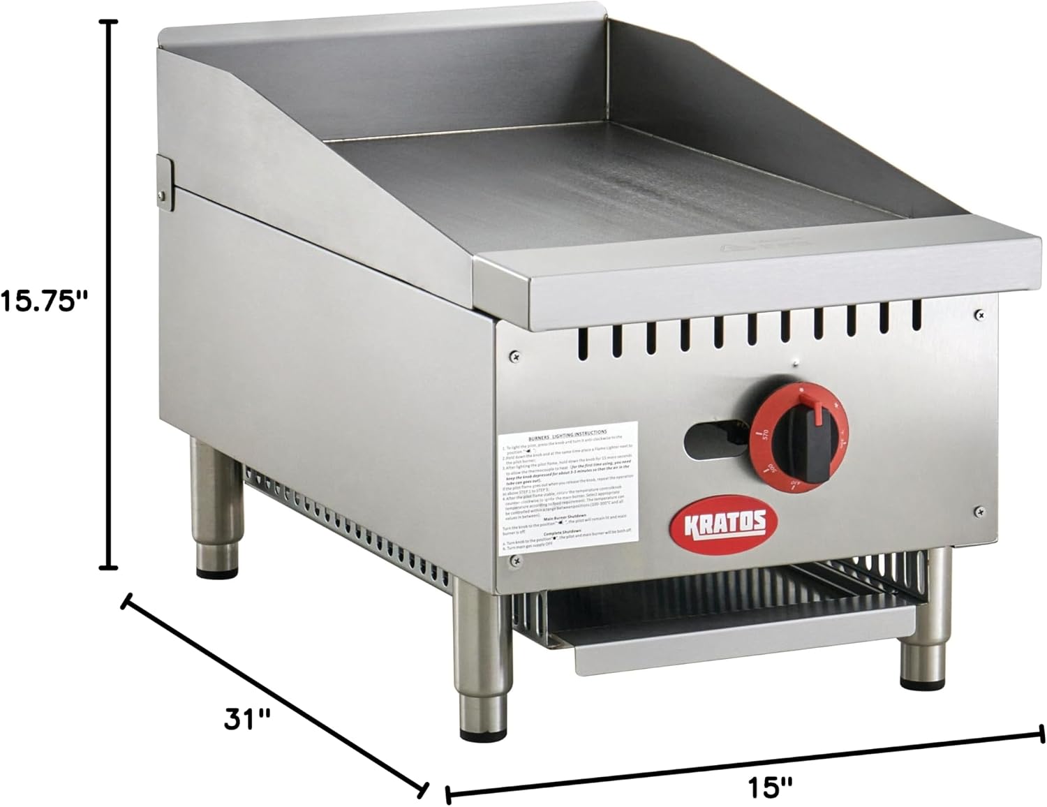 Kratos Commercial Griddle, 15'W Gas Countertop Griddle with Thermostatic Controls, 30,000 BTU (29Y-177)