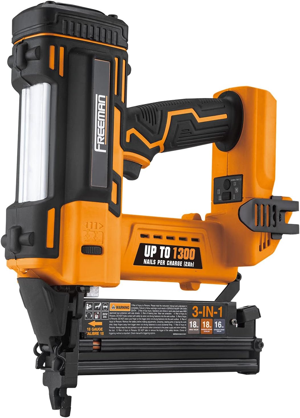 Freeman PE20VT31618 20 Volt Cordless 3-in-1 16 and 18 Gauge Nailer/Stapler (Tool Only) – 1300 Shots per Charge