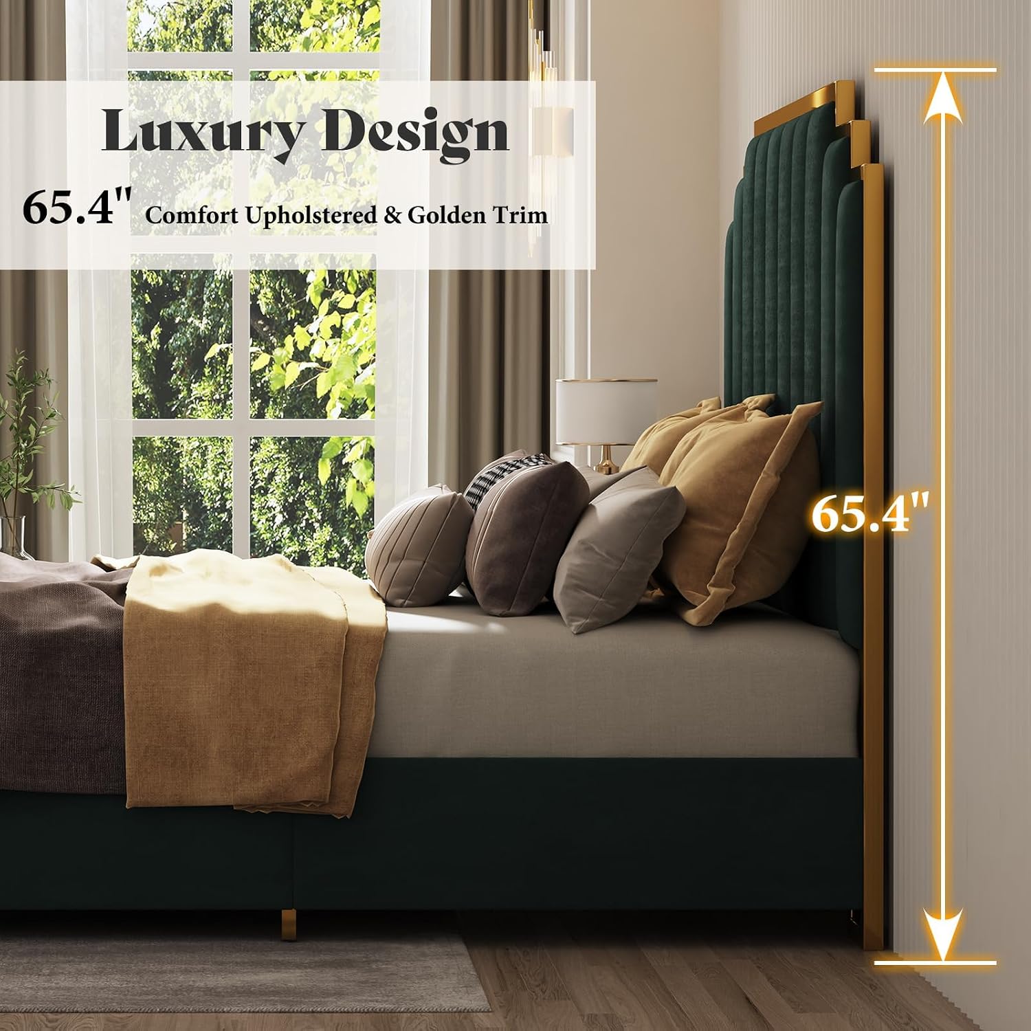 AMERLIFE California King Size Upholstered Bed, Modern Velvet Bed Frame with 65.4' Tall Gold Trim Headboard, No Box Spring Needed, Green