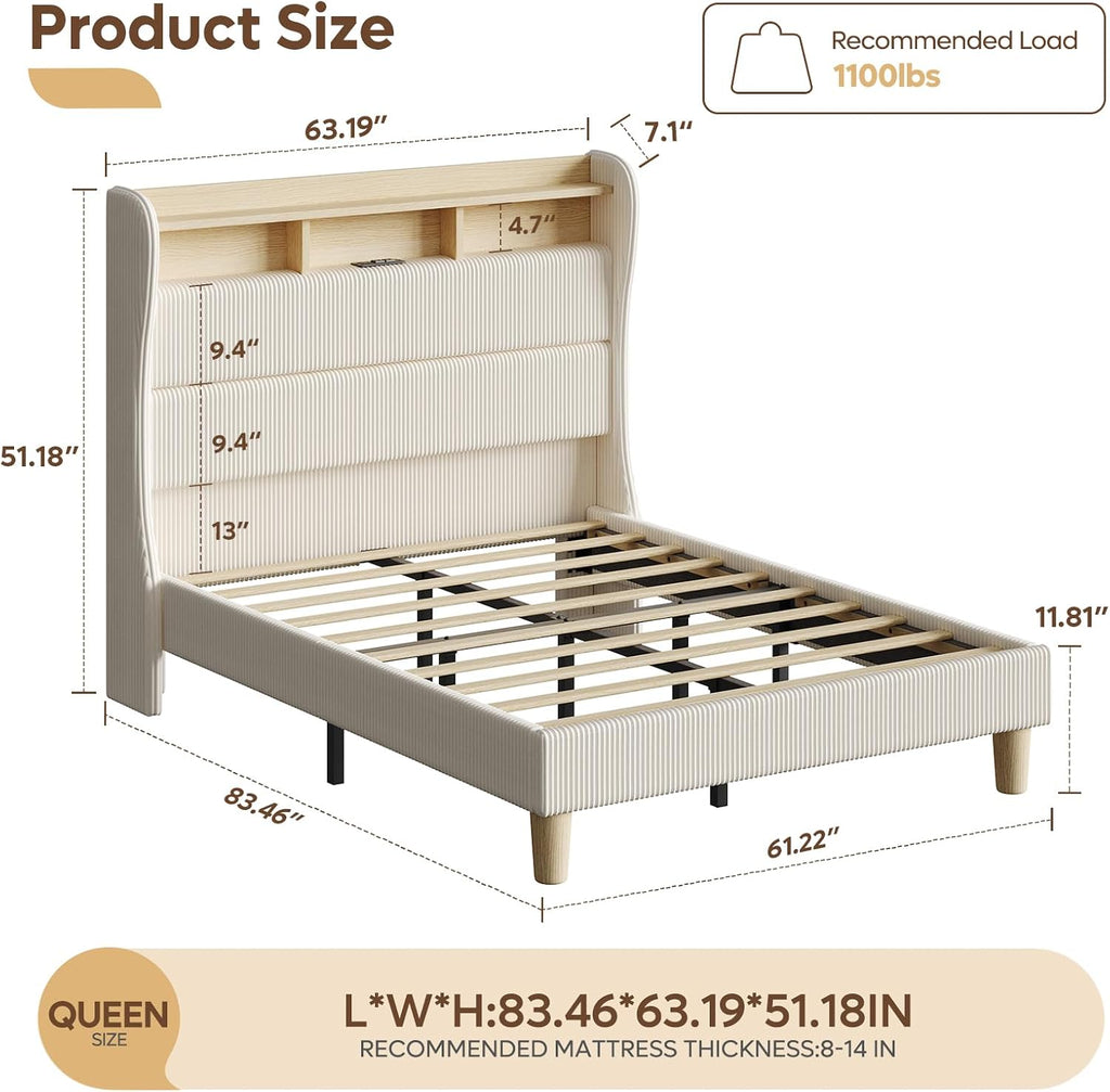 Bestier Queen Size Upholstered Wingback Bed Frame with 51' High Headboard Corduroy Fabric RGB LED Lights, Charging Station Dual Storage Shelves Modern Off White Platform Bed No Box Spring Needed