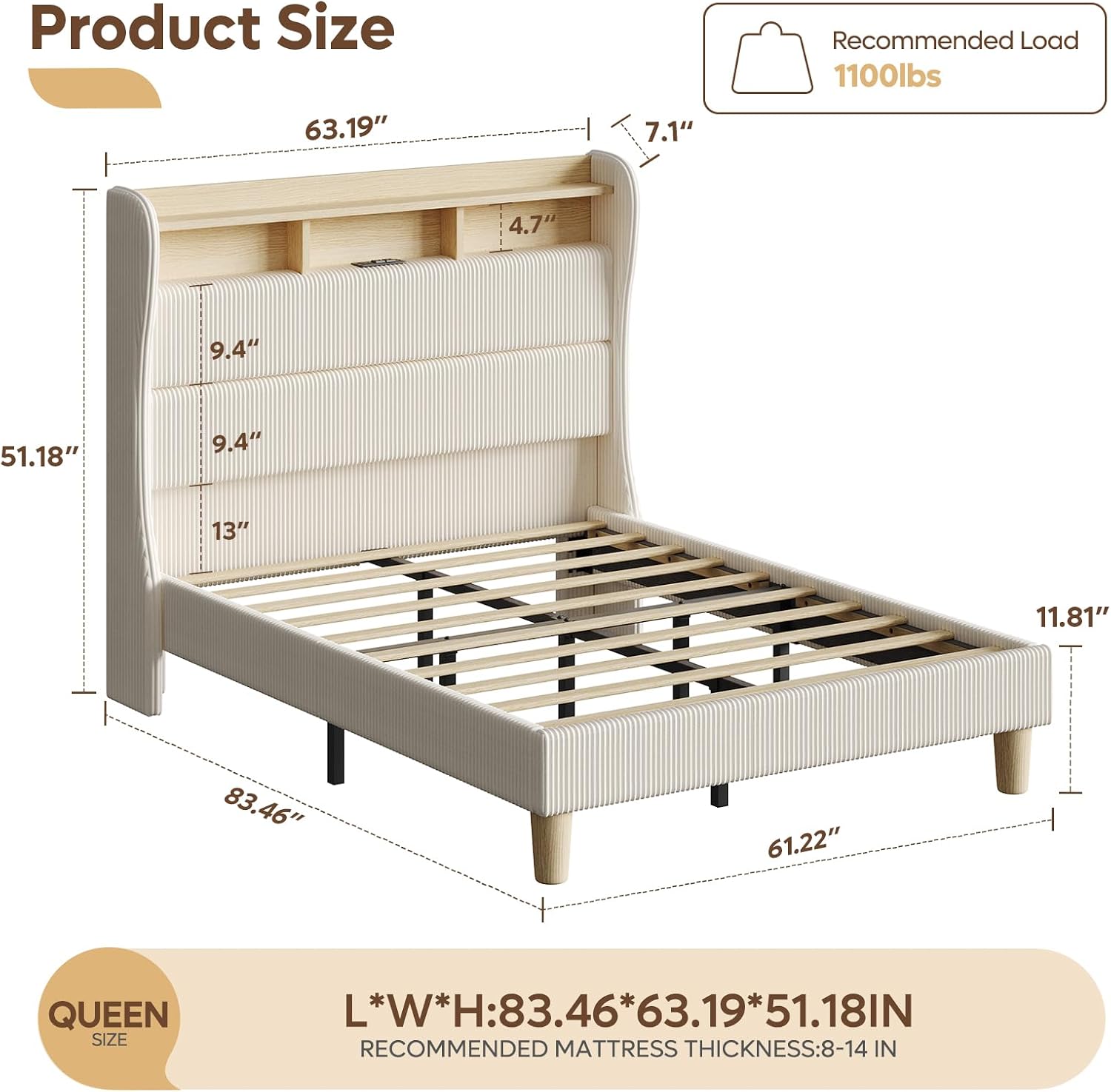 Bestier Queen Size Upholstered Wingback Bed Frame with 51' High Headboard Corduroy Fabric RGB LED Lights, Charging Station Dual Storage Shelves Modern Off White Platform Bed No Box Spring Needed