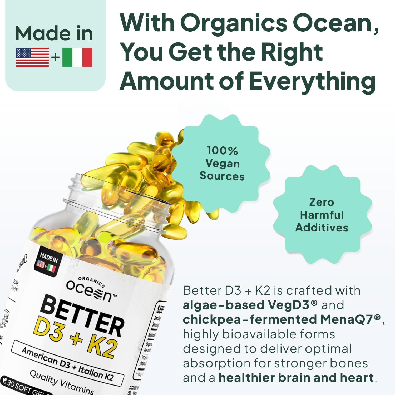 Organics Ocean Better D3 + K2-100% Organic VIT D3 and K2 Supplements with Maximum Bioavailability - Supports Bone Density, Calcium Balance, Immunity & Mood - 6-Pack, 180-Day Supply