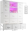 EnHomee 51' H White Dresser with 15 Drawers Dresser for Bedroom with Charging Station & LED Lights & Hutch Sturdy Bedroom Dressers, Steel Frame, Wood Top, 51.2' H x 39.3' W x 11.8' D