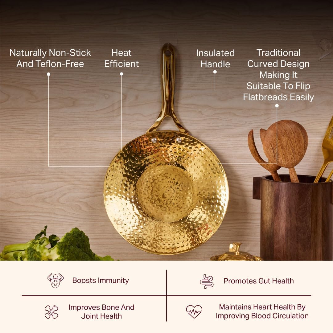 P•TAL Brass Roti Tawa 10' (25.4 cm) Teflon Free Non-Toxic Tawa for Roti with Insulated Heat Resistant Handle