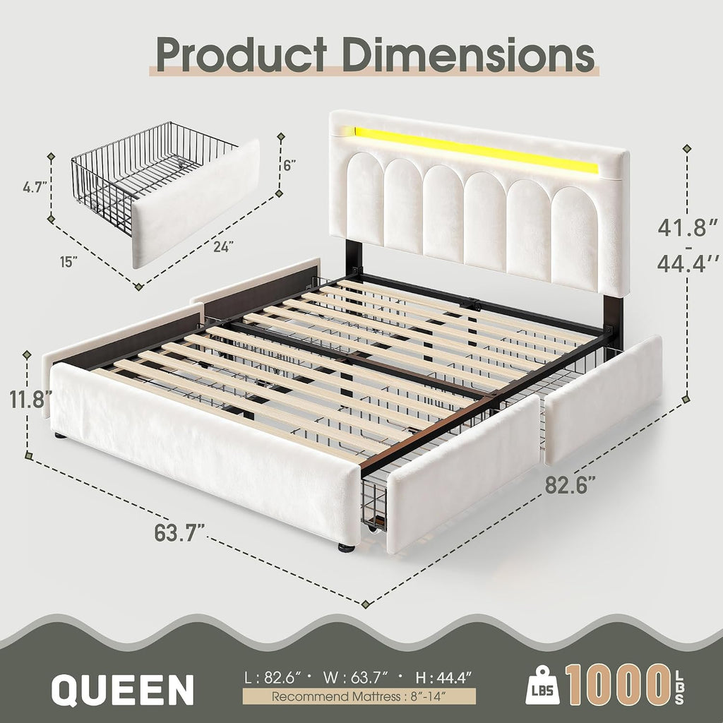 Homkdom Queen Upholstered Bed Frame with 4 Drawers and Velvet Headboard, Platform Bed Frame Queen Size with LED Lights, Wooden Slats Support,Easy Assembly, Beige