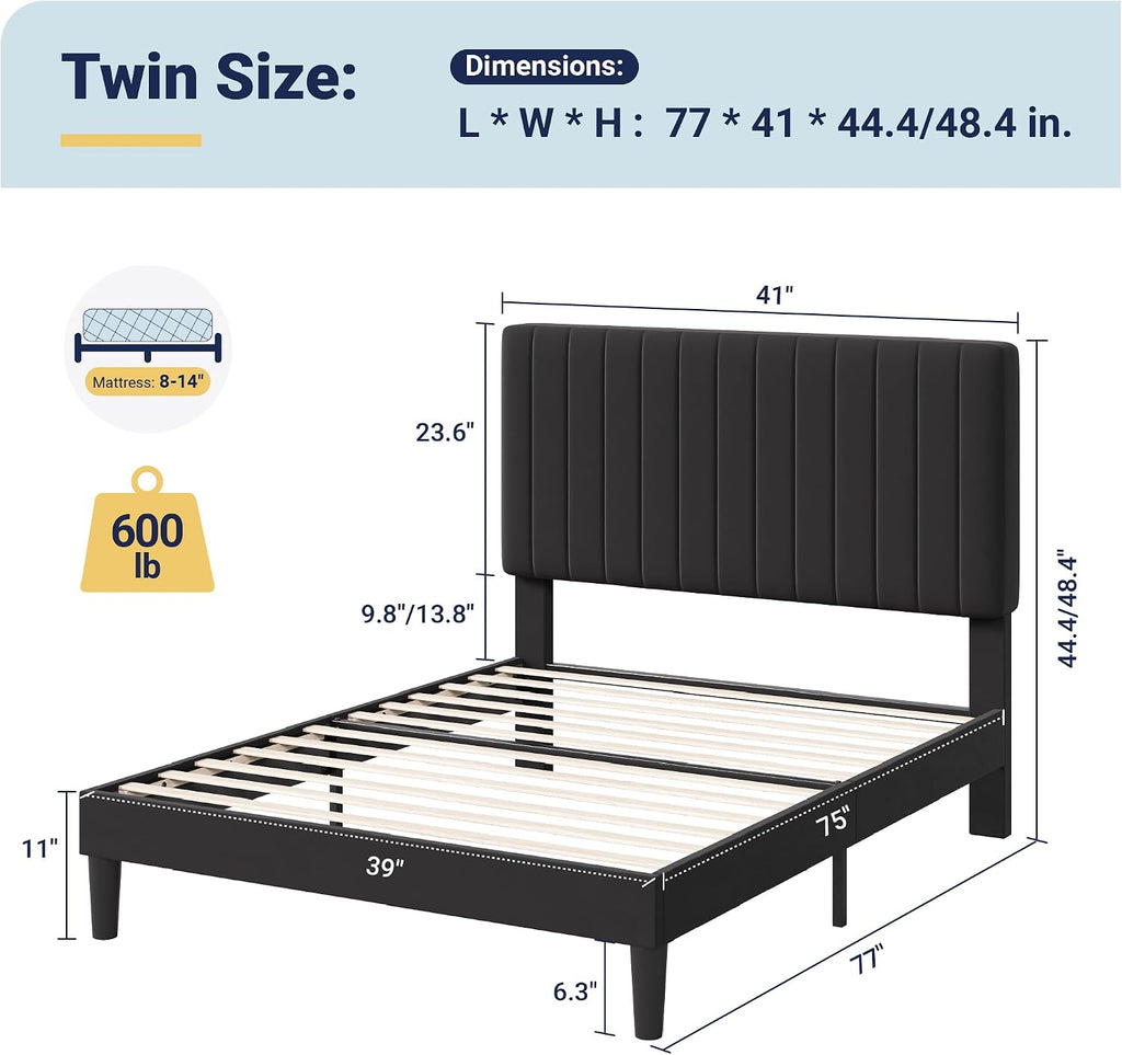 Allewie Twin Bed Frame, Velvet Upholstered Platform Bed with Adjustable Vertical Channel Tufted Headboard, Mattress Foundation with Strong Wooden Slats, Box Spring Optional, Easy Assembly, Black