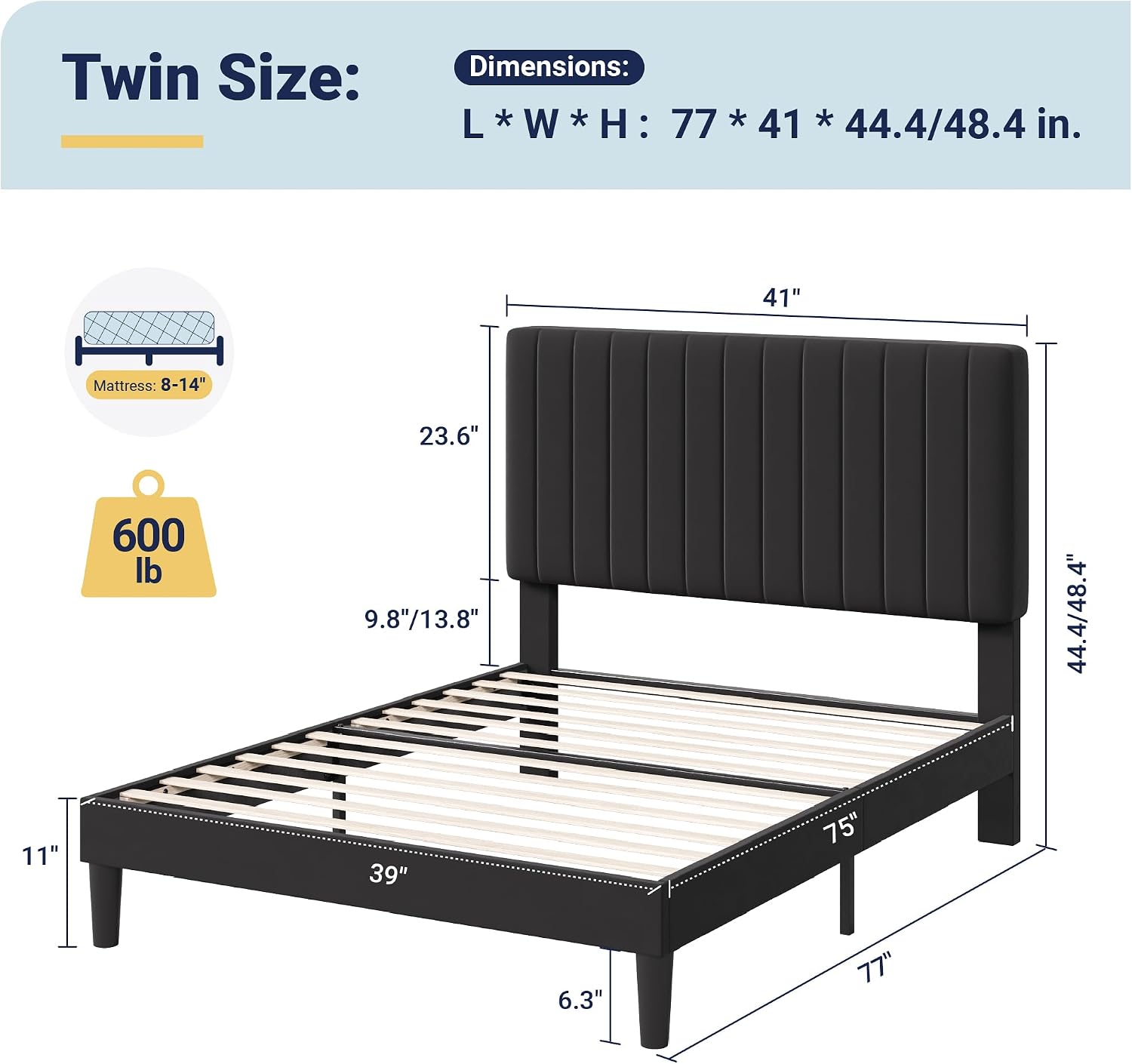 Allewie Twin Bed Frame, Velvet Upholstered Platform Bed with Adjustable Vertical Channel Tufted Headboard, Mattress Foundation with Strong Wooden Slats, Box Spring Optional, Easy Assembly, Black