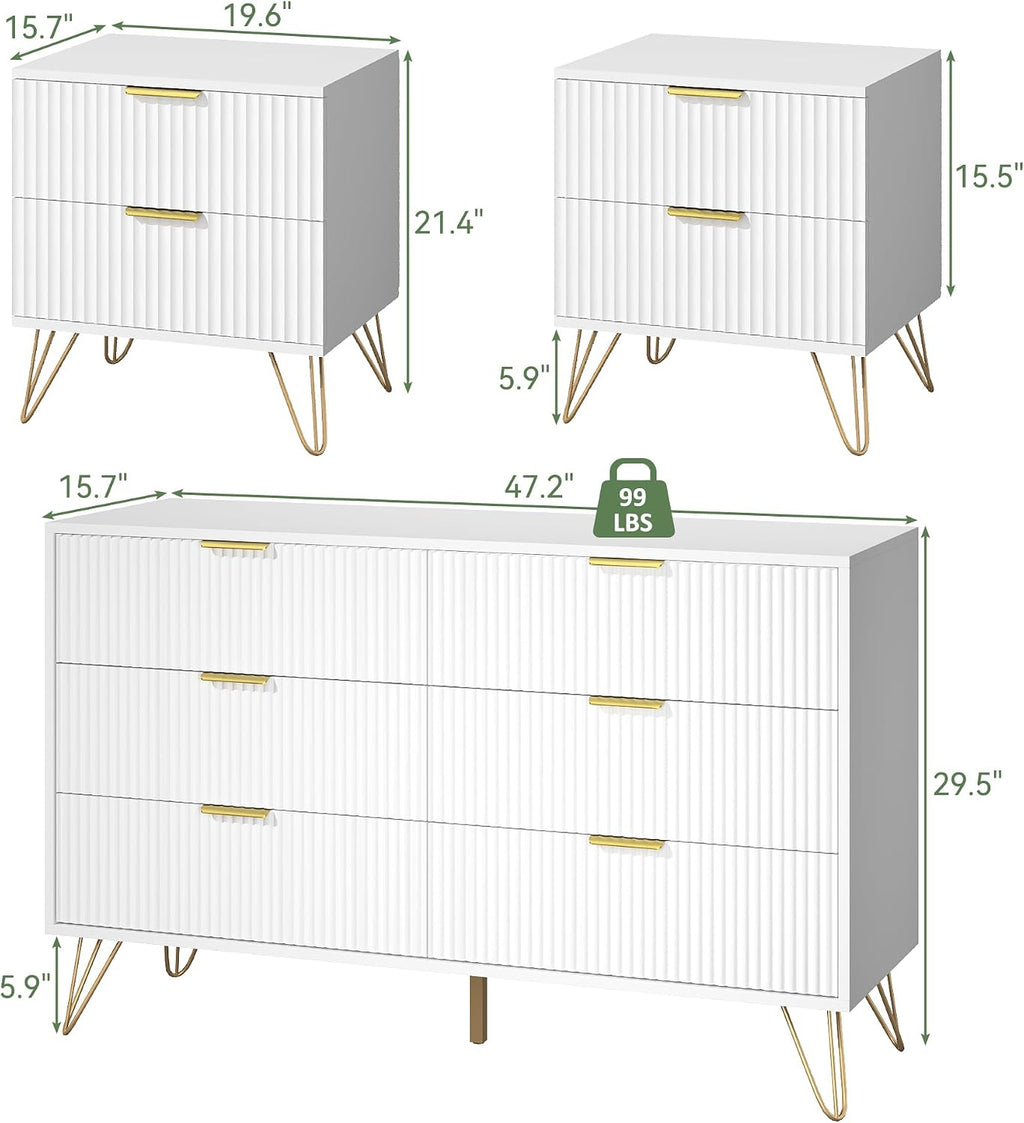 White 6 Drawer Dresser and Nightstand Sets for Bedroom, 3 Pcs Fluted Bedroom Set，Night Stand Set of 2 & 6 Drawer Dresser with Golden Handles, Wood Chest of Drawers Storage Cabinet Set