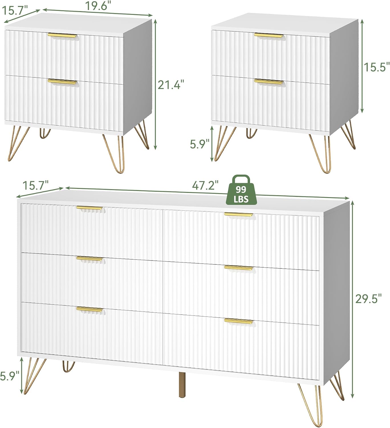 White 6 Drawer Dresser and Nightstand Sets for Bedroom, 3 Pcs Fluted Bedroom Set，Night Stand Set of 2 & 6 Drawer Dresser with Golden Handles, Wood Chest of Drawers Storage Cabinet Set