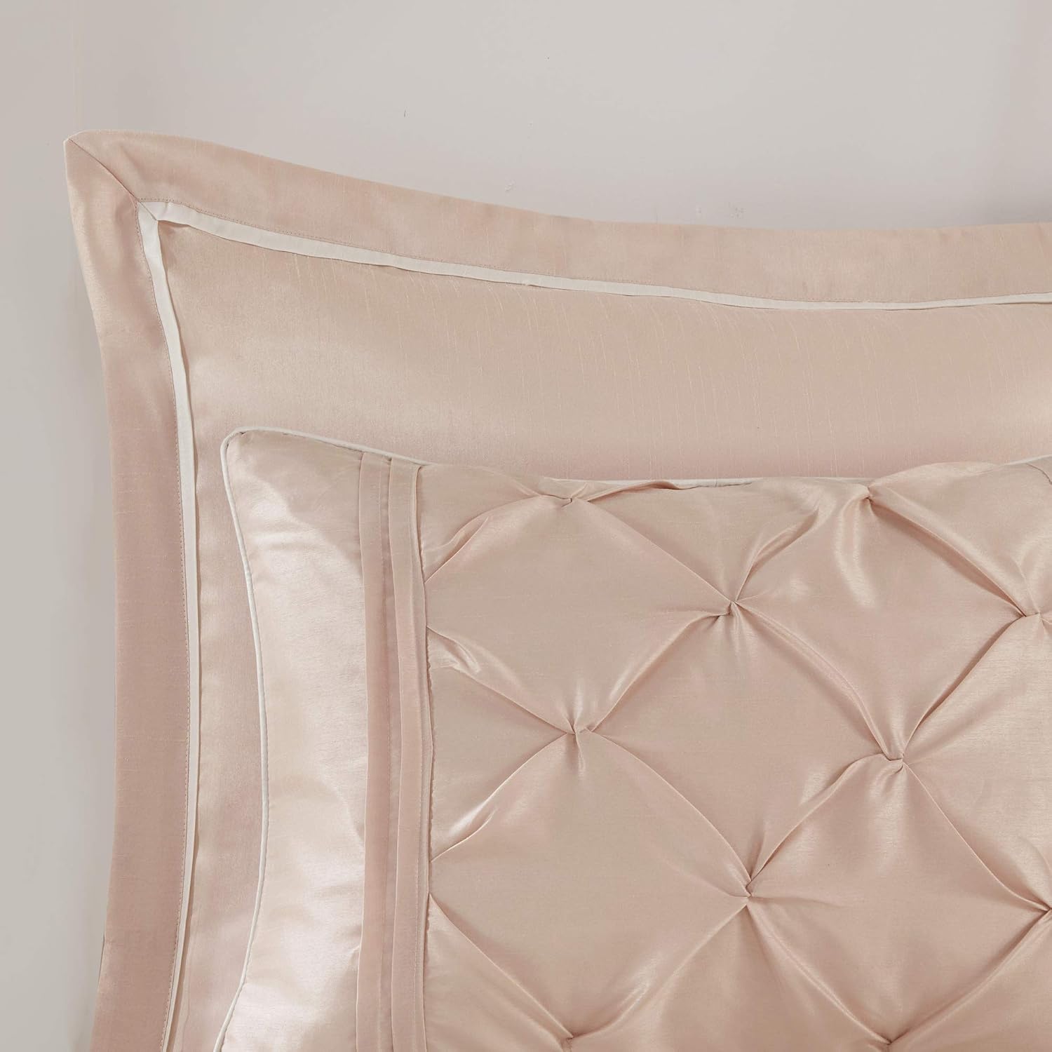 Madison Park Essentials Room in a Bag Faux Silk Comforter Set-Luxe Diamond Tufting All Season Bedding, Matching Curtains, Decorative Pillows, Queen(90'x90'), Blush 24 Piece (MPE10-809)