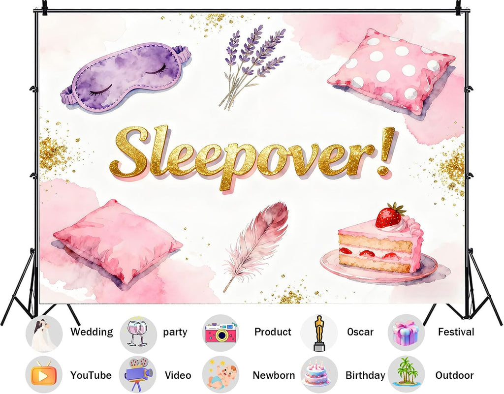 20X10ft Fabric Sleepover Party Backdrop Pajamas Pillow Fight Slumber Spa Makeup Background Party Decorations Girls Slumber Party Supplies Photo Booth Props