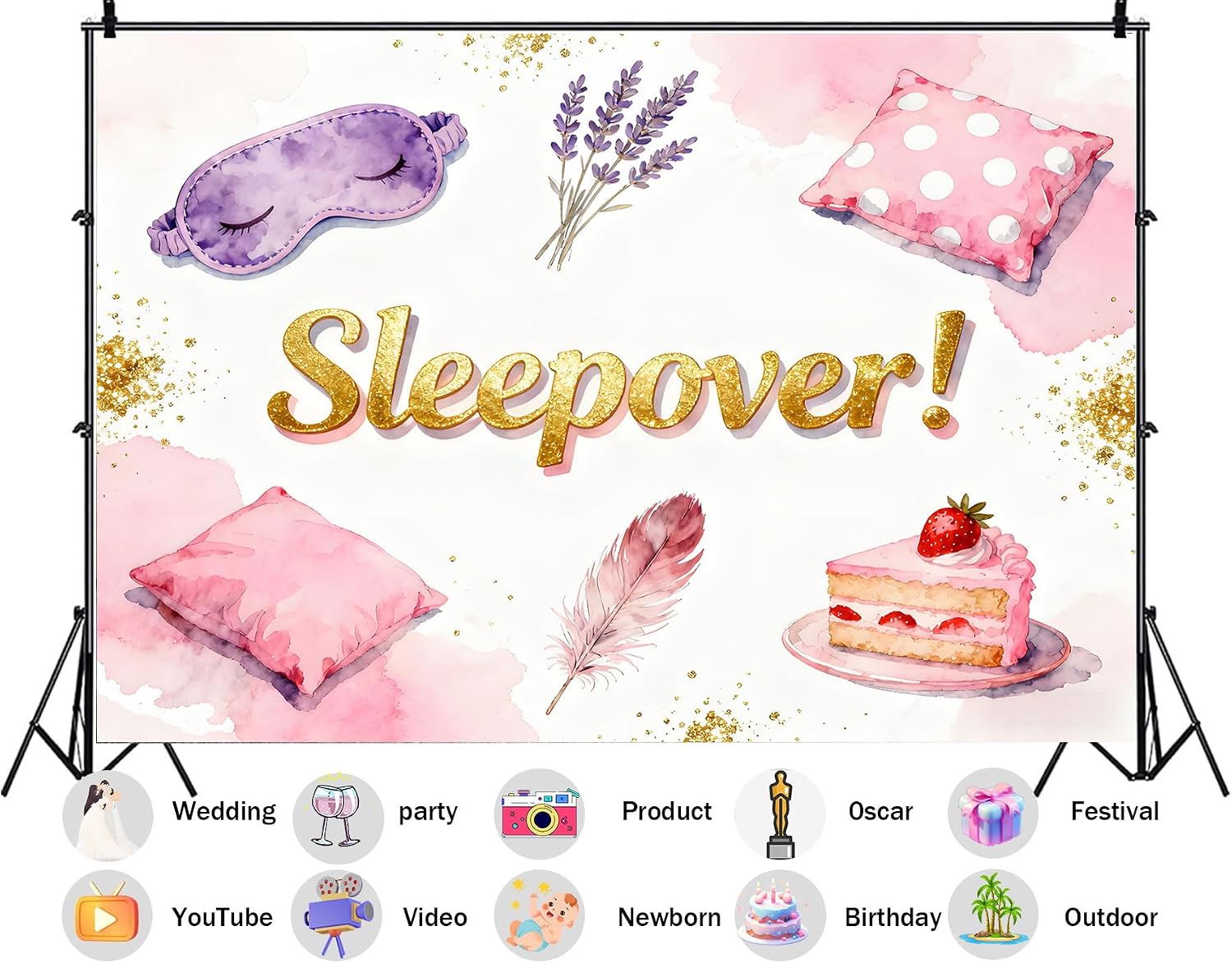 20X10ft Fabric Sleepover Party Backdrop Pajamas Pillow Fight Slumber Spa Makeup Background Party Decorations Girls Slumber Party Supplies Photo Booth Props