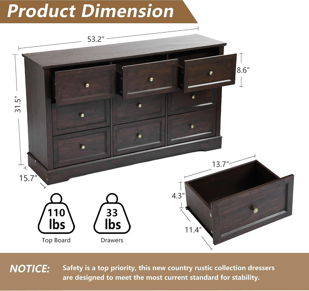 LOUVIXA Farmhouse Bedroom Sets of 4, 4Pcs Farmhouse Dresser Set，Including 9 Drawer Dresser, 5 Drawer Dressers and Nightstand Set of 2 with Charging Station (Brown Sets, 4 Pieces)