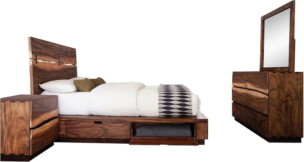 Coaster Home Furnishings Winslow Farmhouse 4-Piece Bedroom Set Live Edge Eastern King Size Storage Bed Frame 54-inch Headboard Smokey Walnut and Coffee Bean 223250SKE-S4