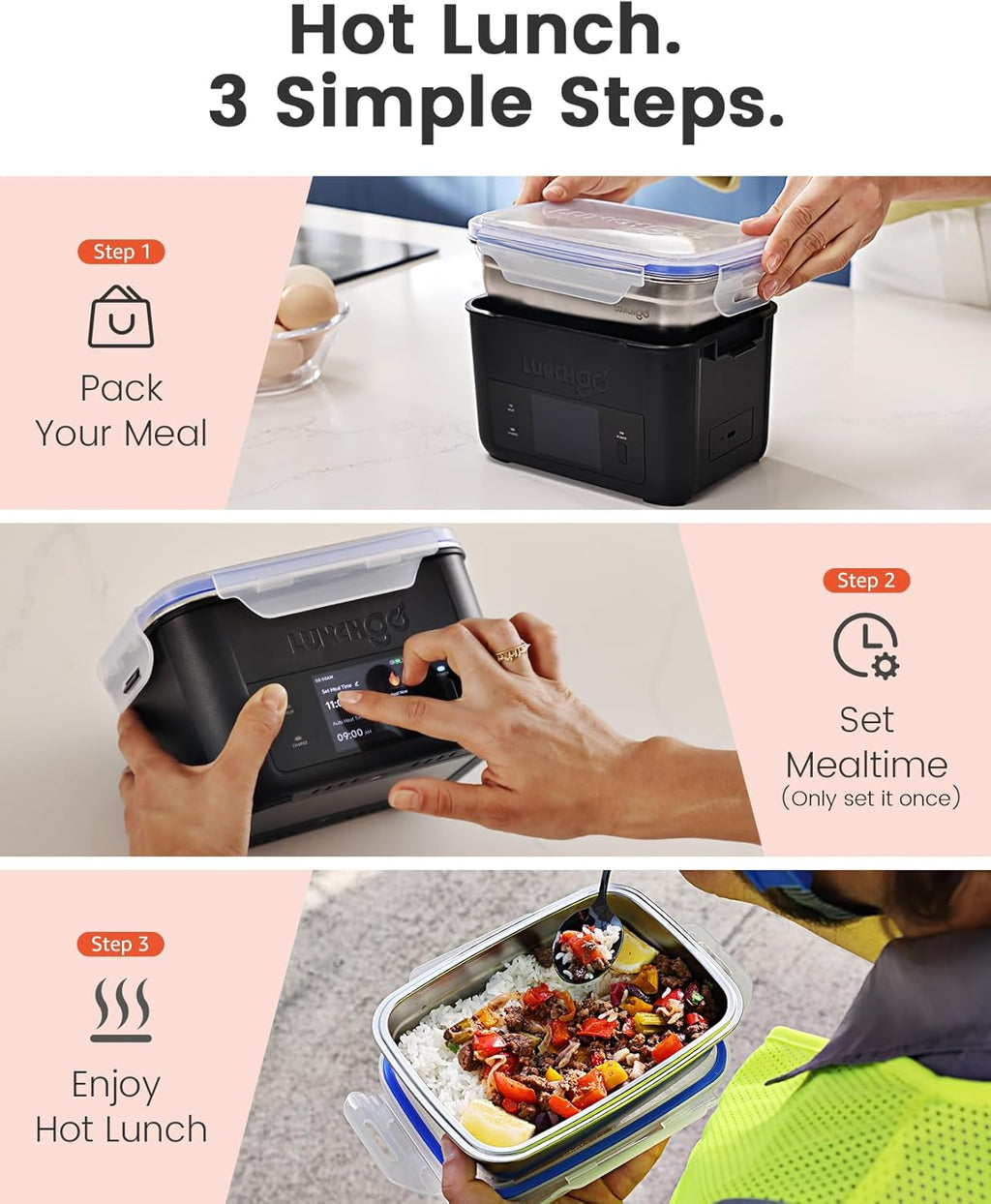 LUNCHGO® G1 Cordless Electric Heated Lunch Box, Battery Powered Self Heating Lunch Box, 5-Cup Capacity, 250°F Max, Scheduled Heating, Rechargeable Food Warmer for Work, Travel & Outdoor Use