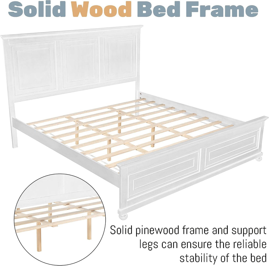 Wood Bed Frame King with Tall Headboard & Footboard, Traditional King Panel Bed with USB Charging Station for Bedroom, Guest Room, Easy Assembly, No Box Spring Required,White